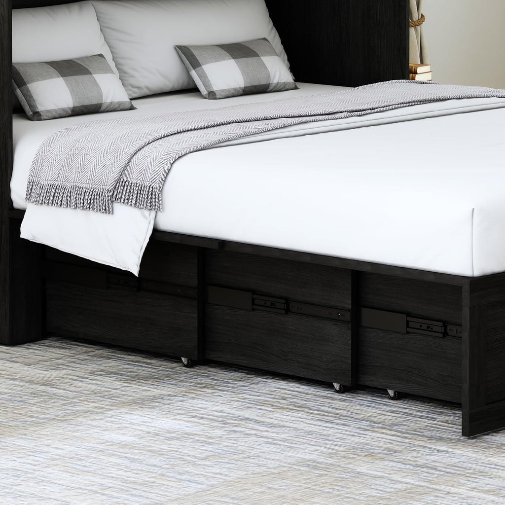 Queen Size Murphy Bed with Charging Station and Large Drawer, Farmhouse Cabinet Bed with Storage, Multifunctional Wood Hidden Folding Bed Frame for Bedroom, Black