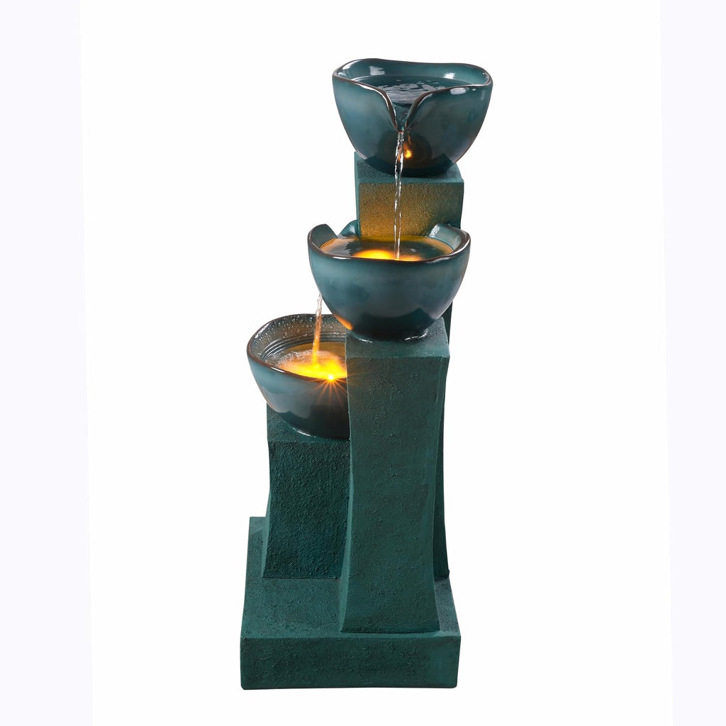 Teamson Home 28.54 in. 3-Tier Cascading Outdoor Water Fountain with LED Lights for Gardens, Landscaping, Patios, Balconies, Lawns, Green