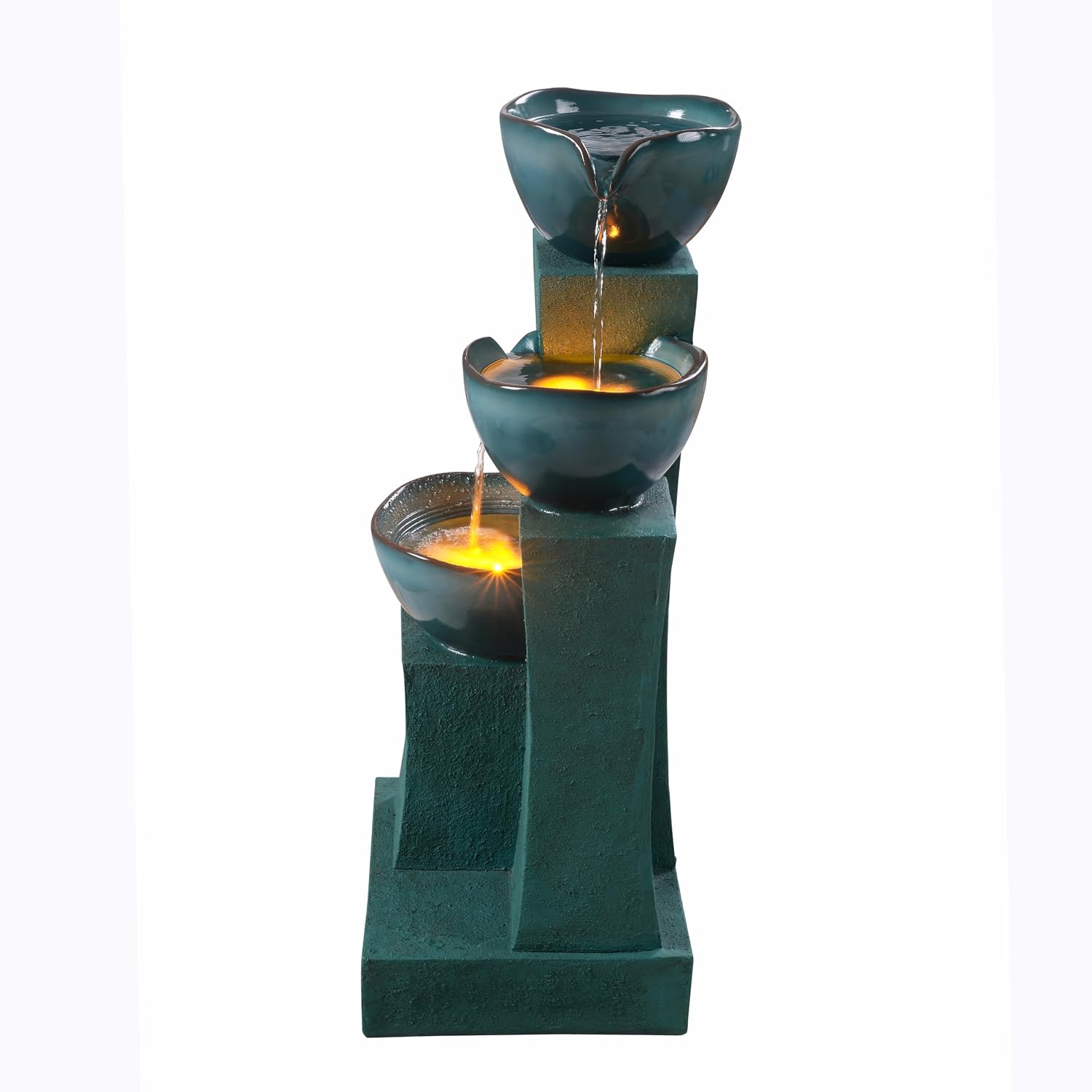 Teamson Home 28.54 in. 3-Tier Cascading Outdoor Water Fountain with LED Lights for Gardens, Landscaping, Patios, Balconies, Lawns, Green