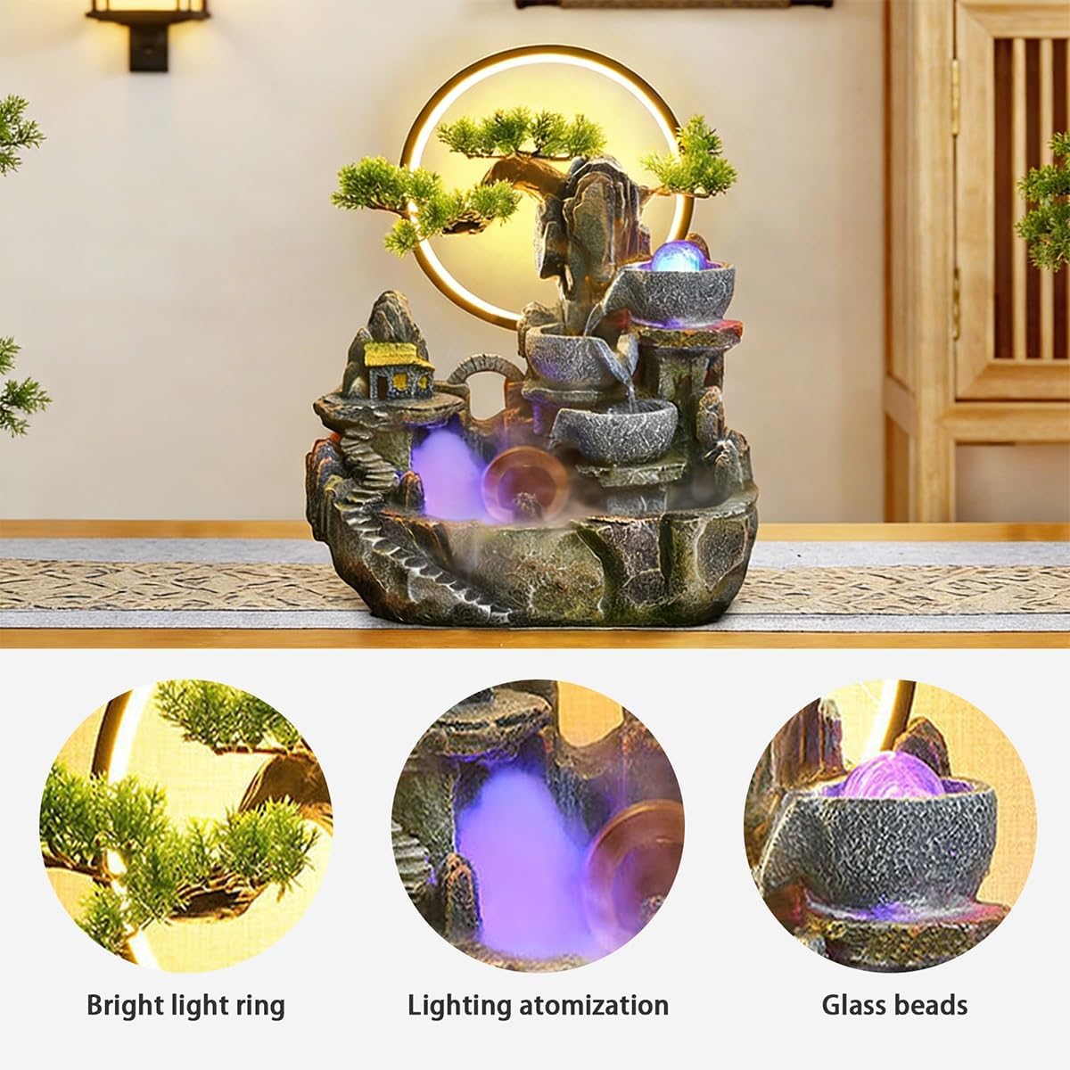 Indoor Water Fountain Tabletop Waterfall, Table Fountain, Tiered Cascade Design with LED Lights, for Home Office Bedroom Relaxation Decor(14.6x8.7x18in)