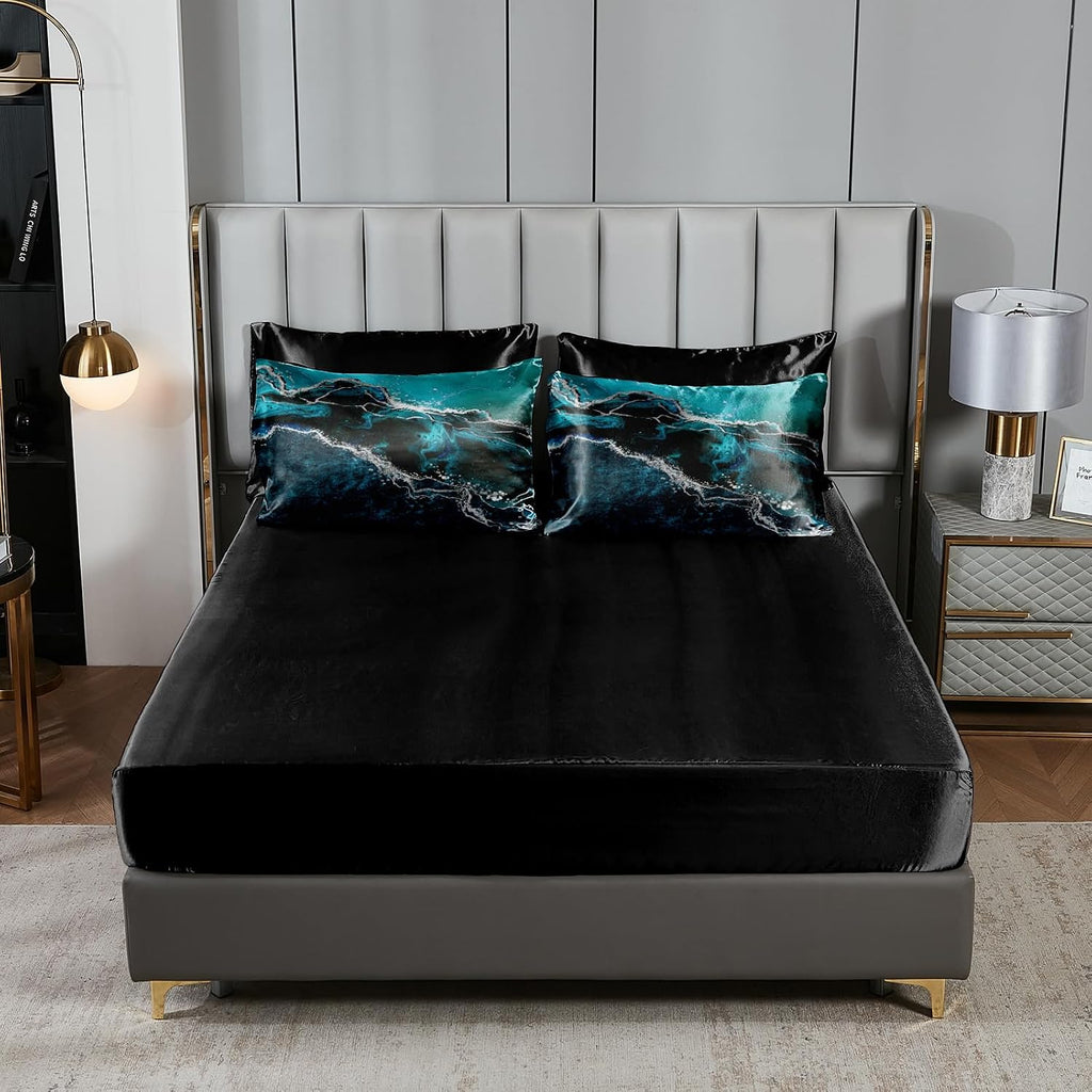 Bedorm Blue Marble Comforter Set King Silky Satin Bed in A Bag Black Marble Stone Abstract Texture Silk Like Black Satin Bedding Set with Comforter and Sheet Set