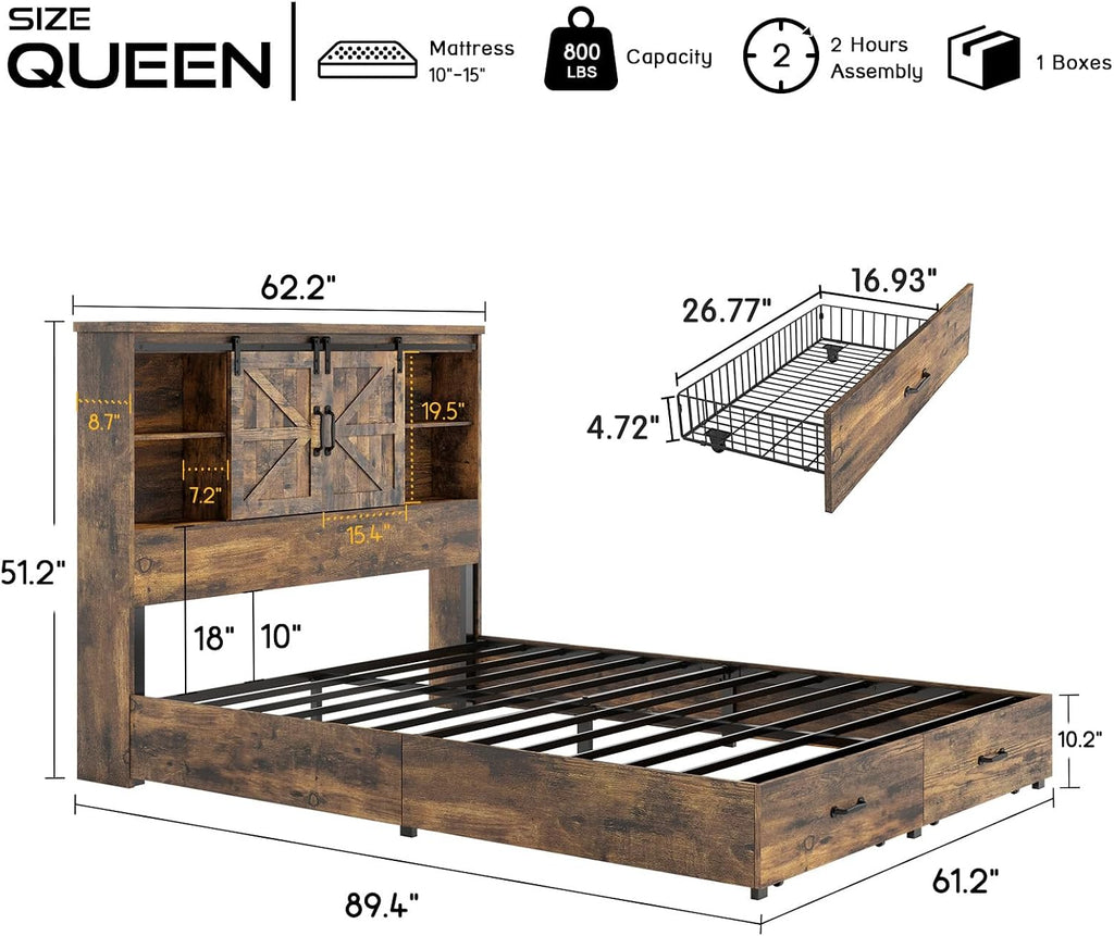 HOWE Farmhouse Queen Size Bed Frame with 51.2' Bookcase Headboard, Wooden Platform Bed with 2 Drawers, Sliding Barn Door Dec, Storage Bed with Charging Station, No Box Spring Needed, Rustic Brown