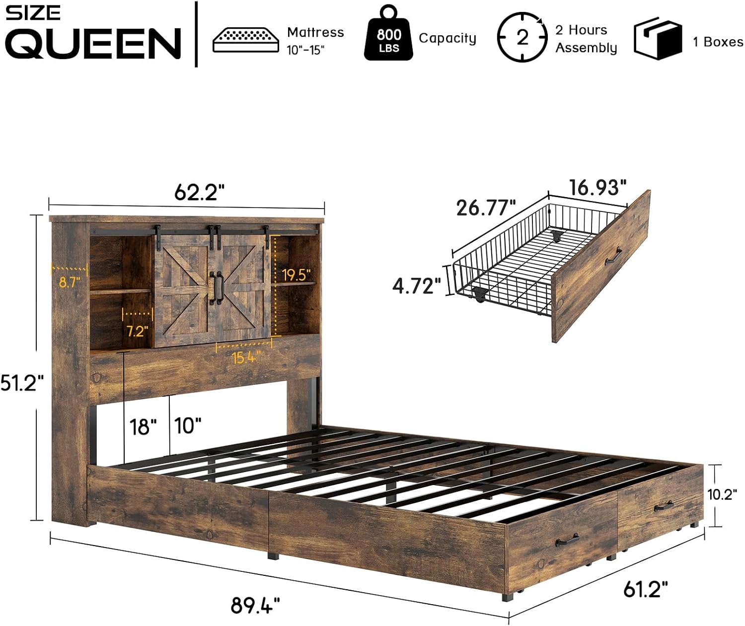 HOWE Farmhouse Queen Size Bed Frame with 51.2' Bookcase Headboard, Wooden Platform Bed with 2 Drawers, Sliding Barn Door Dec, Storage Bed with Charging Station, No Box Spring Needed, Rustic Brown