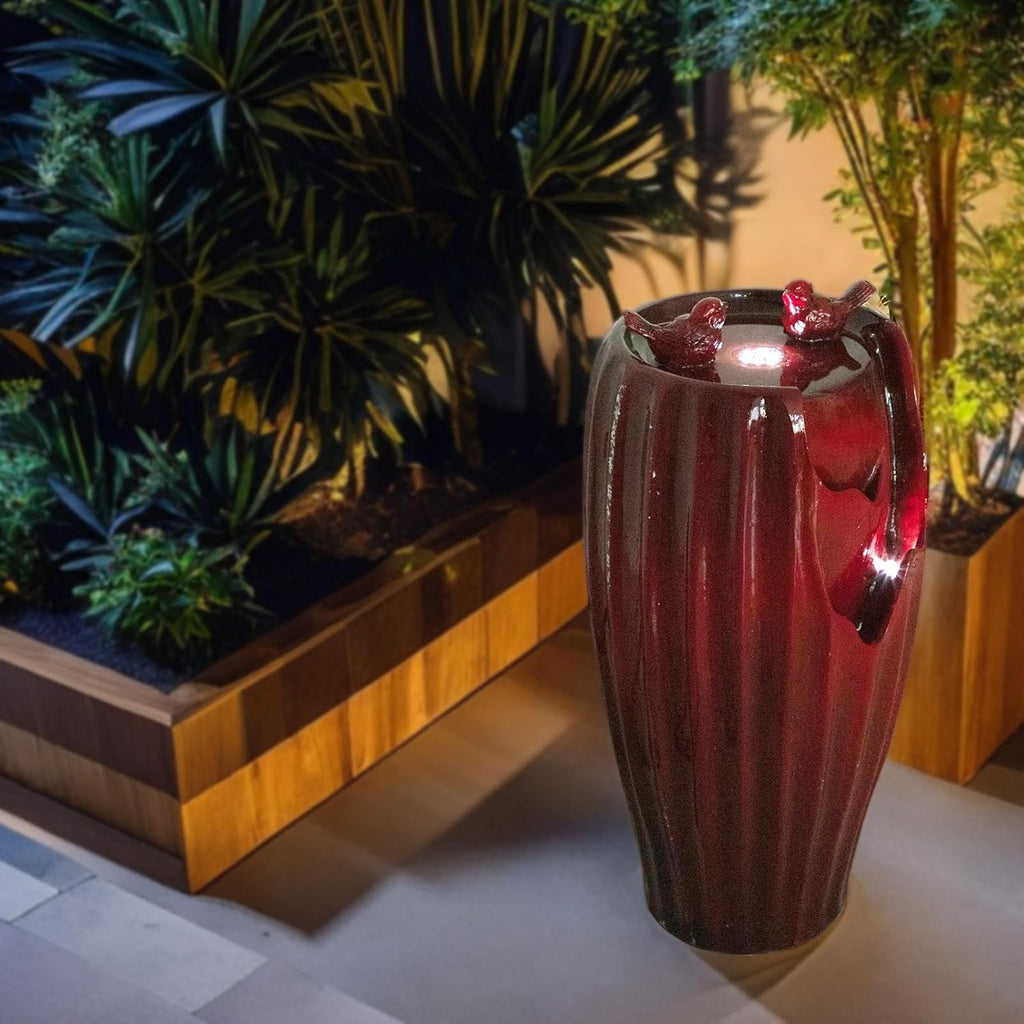 Ferrisland Red Fountain with LED Lights, 20' H Resin Vase Outdoor Freestanding Fountain with Adjustable Water Pump, Outside Garden & Backyard Decking Décor