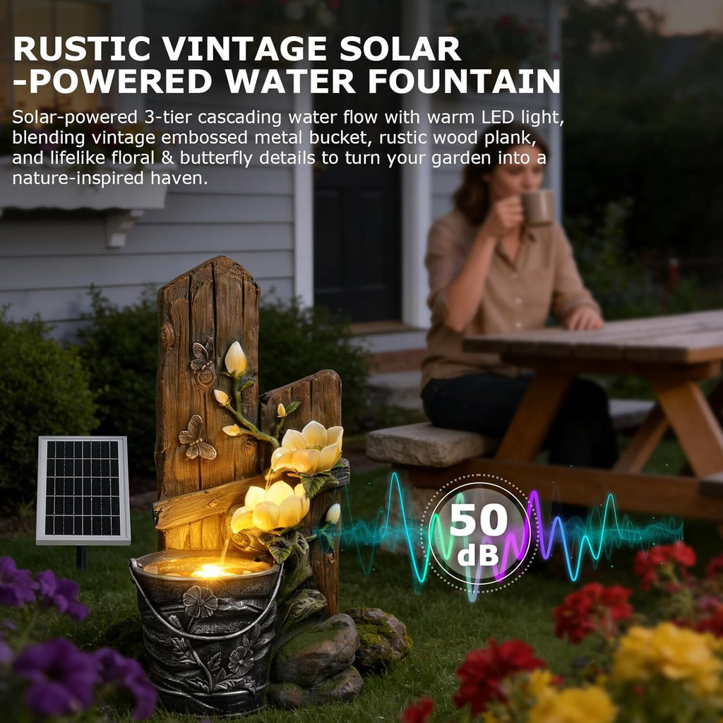 30.7' Tall Solar Water Fountain Outdoor Garden, 3 Tier Rustic Solar Powered Fountain Outdoor Faux Iron Bucket with LED Lights for Garden, Patio, Backyard, Deck, Porch, Yard