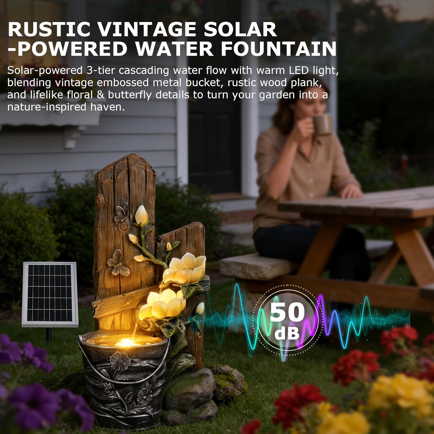 30.7' Tall Solar Water Fountain Outdoor Garden, 3 Tier Rustic Solar Powered Fountain Outdoor Faux Iron Bucket with LED Lights for Garden, Patio, Backyard, Deck, Porch, Yard