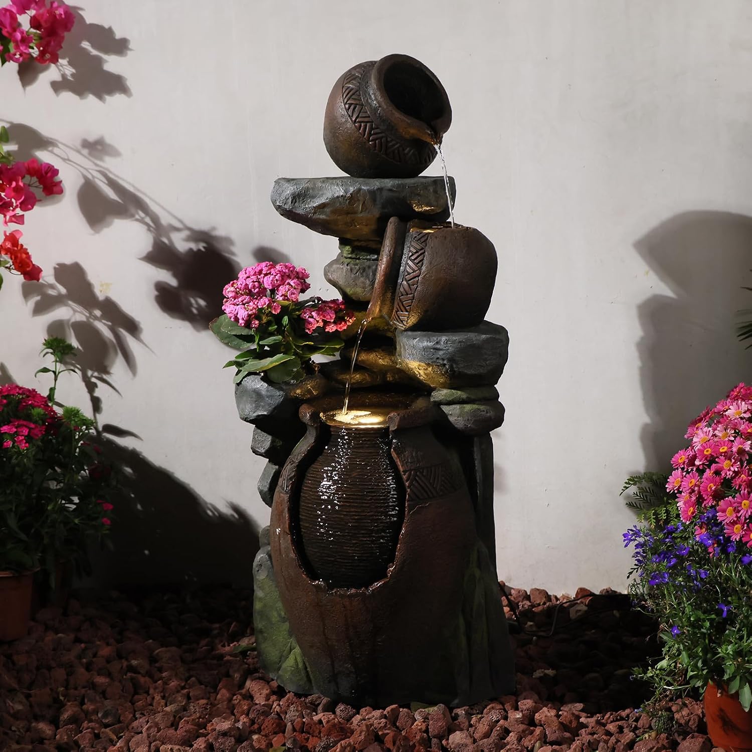 Bumilgar 38.4' H Garden Water Fountain, 3-Tier Cascading Water Features with LED Light, Faux Terracotta Jar Design for Patio, Backyard, Deck, Porch, and Home Art Décor, Brown