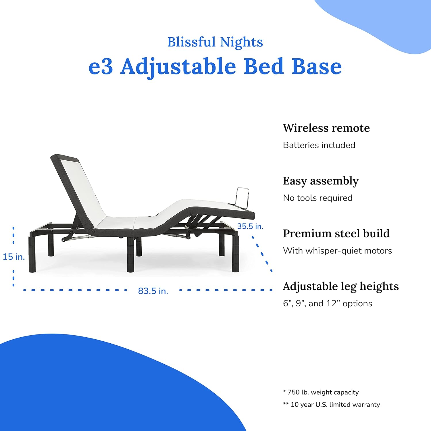 Blissful Nights e3 Cal King Split Adjustable Bed Base Frame with 10' Medium Firm Gel Infused Memory Foam Mattress