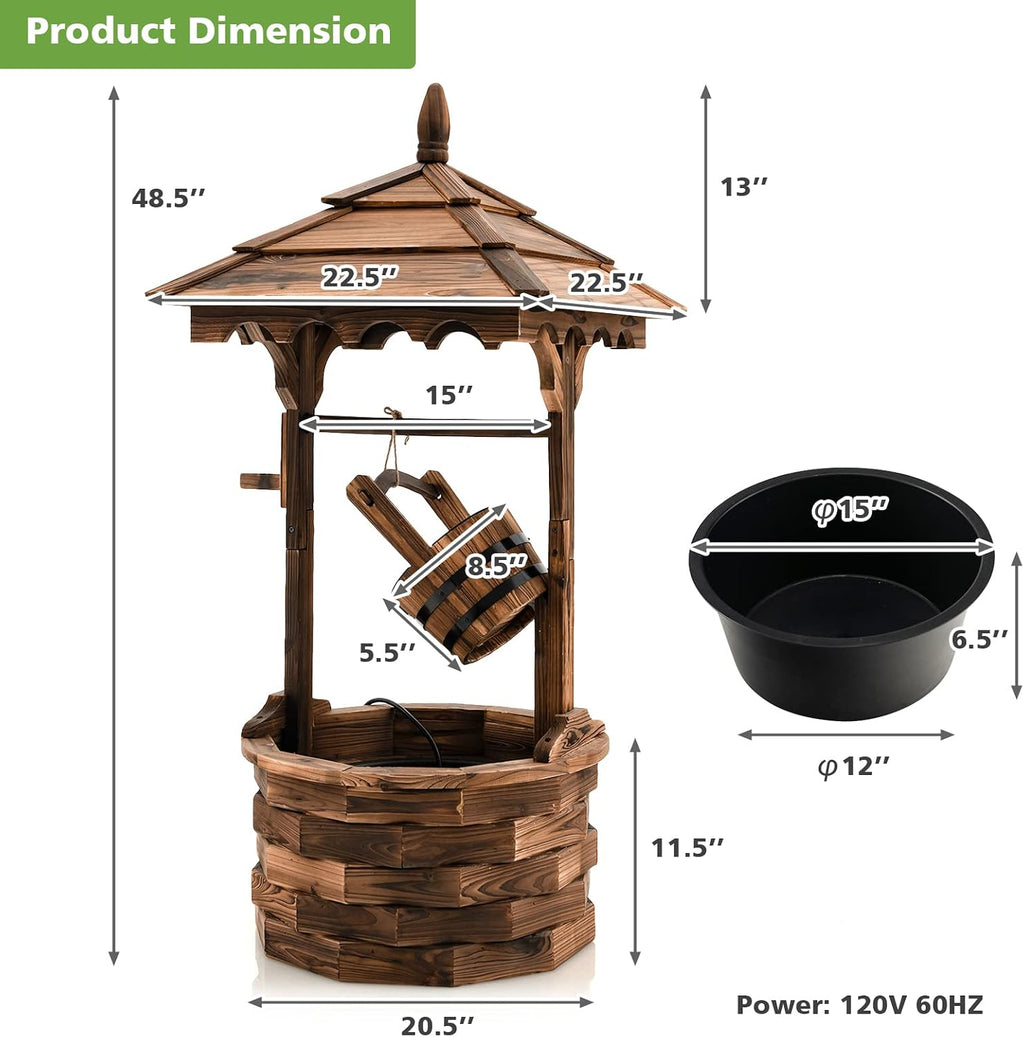 Giantex Rustic Wishing Well Fountain, Outdoor Wooden Water Fountain with Electric Pump, 5 Adjustable Water Flow Rates, Water Bucket, Freestanding Decorative Wishing Well for Backyard Patio Garden