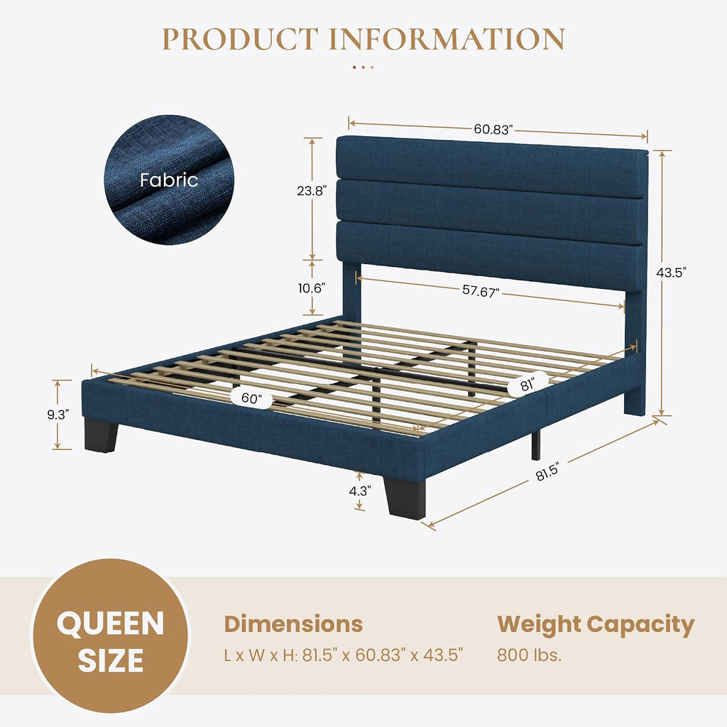 SHA CERLIN Queen Platform Bed Frame with Upholstered Fabric Headboard, Mattress Foundation with Strong Wooden Slats Support, No Box Spring Needed, Blue