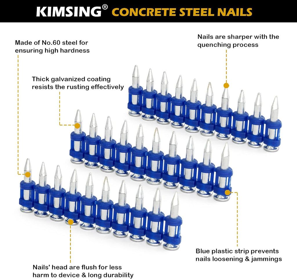 10 Boxes - KIMSING MTSD-22 12 Gauge 7/8 Inch X .109 Inch Smooth Shank Plastic Collated Concrete and Steel Drive Pin Mechanical Galvanized for Gas Power Concrete and Steel Nailer 1,000 PCS/Box