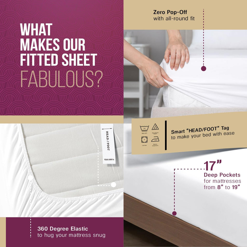TEXAS LINEN CO. 100% Egyptian Cotton Queen Sheets Set - Luxury 1200 Series Star Sleepin' Collection Egyptian Cotton Sheets Queen Size (4 PC, White), 17' Deep Pocket, Cooling Sateen Hotel Bedding Set