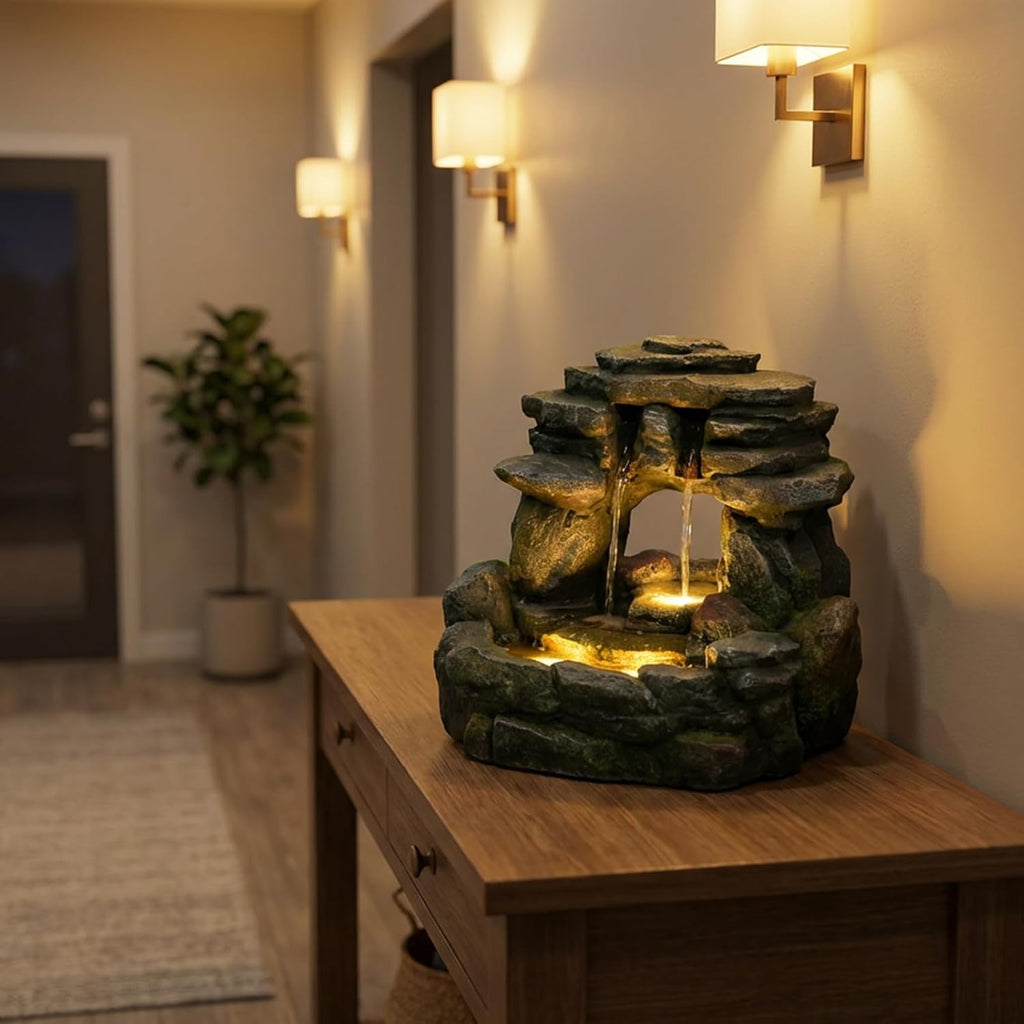 Bumilgar 15.55' Tabletop Rock Water Fountain – Cascading Stacked Stone Waterfall Fountain with LED Light, Zen Indoor Tabletop Fountain for Desk, Side Table, Home Office, Meditation Décor