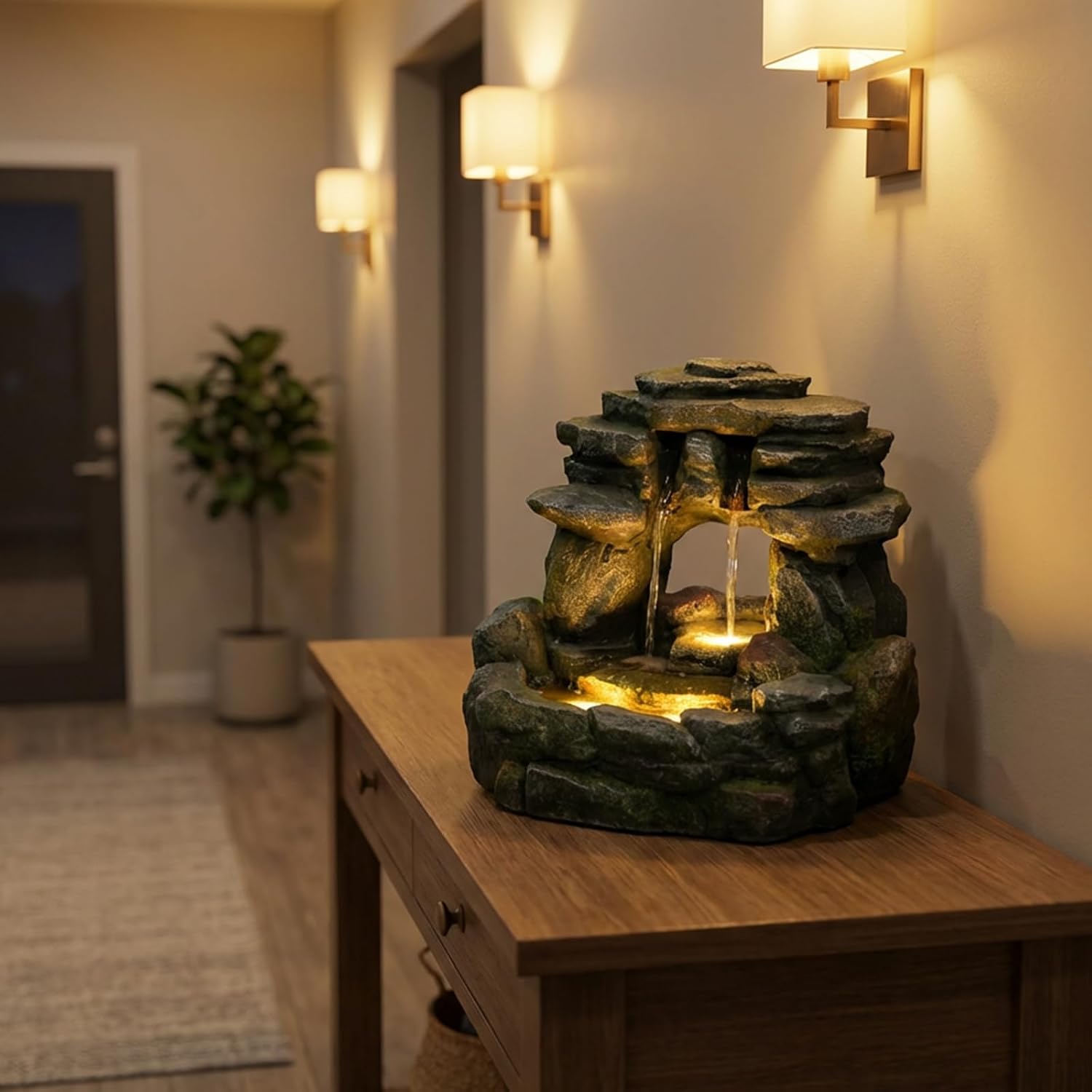 Bumilgar 15.55' Tabletop Rock Water Fountain – Cascading Stacked Stone Waterfall Fountain with LED Light, Zen Indoor Tabletop Fountain for Desk, Side Table, Home Office, Meditation Décor
