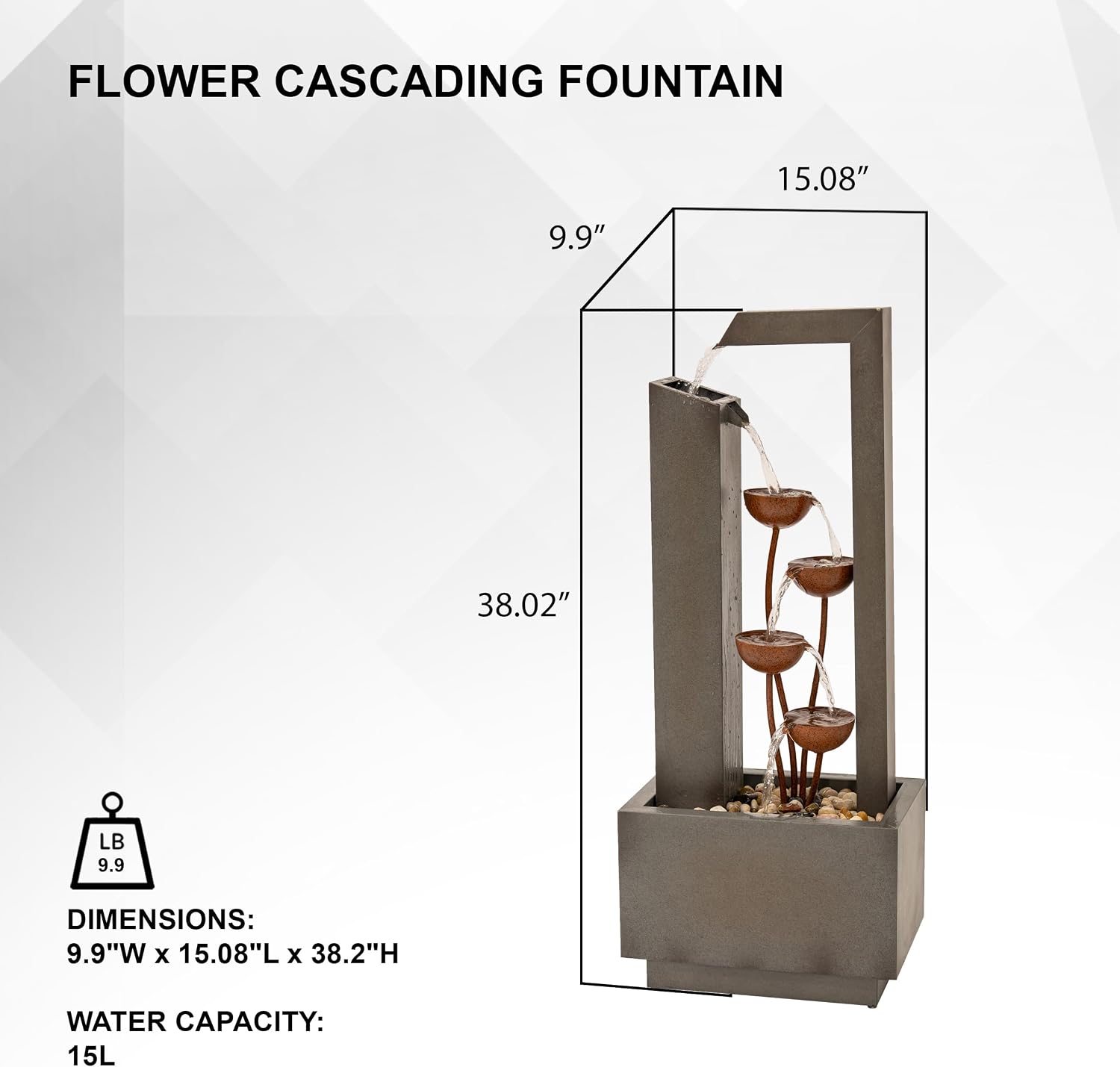 XBrand 38' Tall Gray and Bronze Metal Sculptural Flower Multi-Tier Freestanding Water Fountain for Indoor & Outdoor Use, Decorative Garden Patio Backyard Water Feature