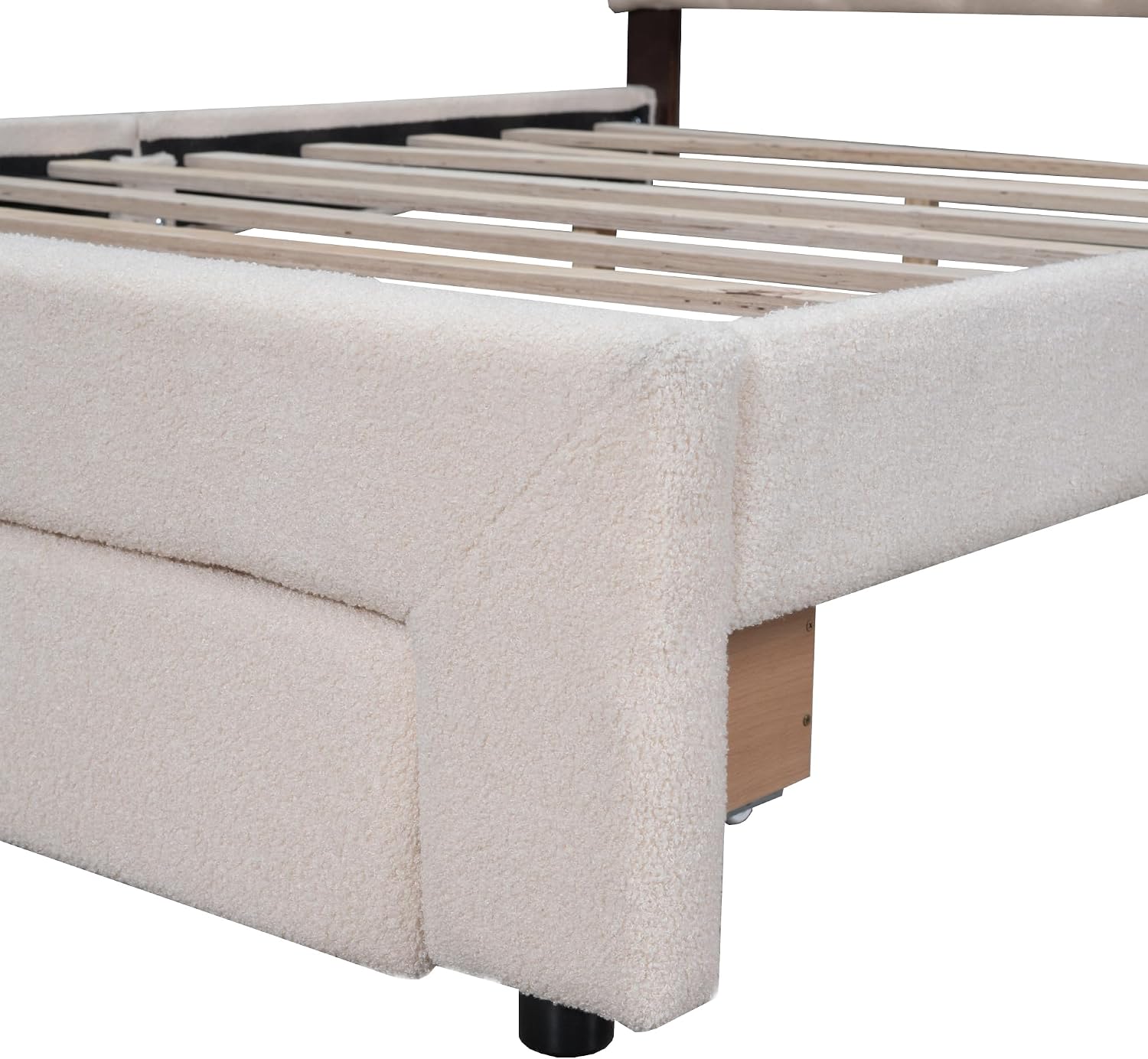 KLMM Chic Teddy Fleece Queen Size Upholstered Platform Bed with Drawer,LED Lights and 2 USB Ports,for Kids Teens Adults Bedroom Use (Beige@Drawer, Queen)