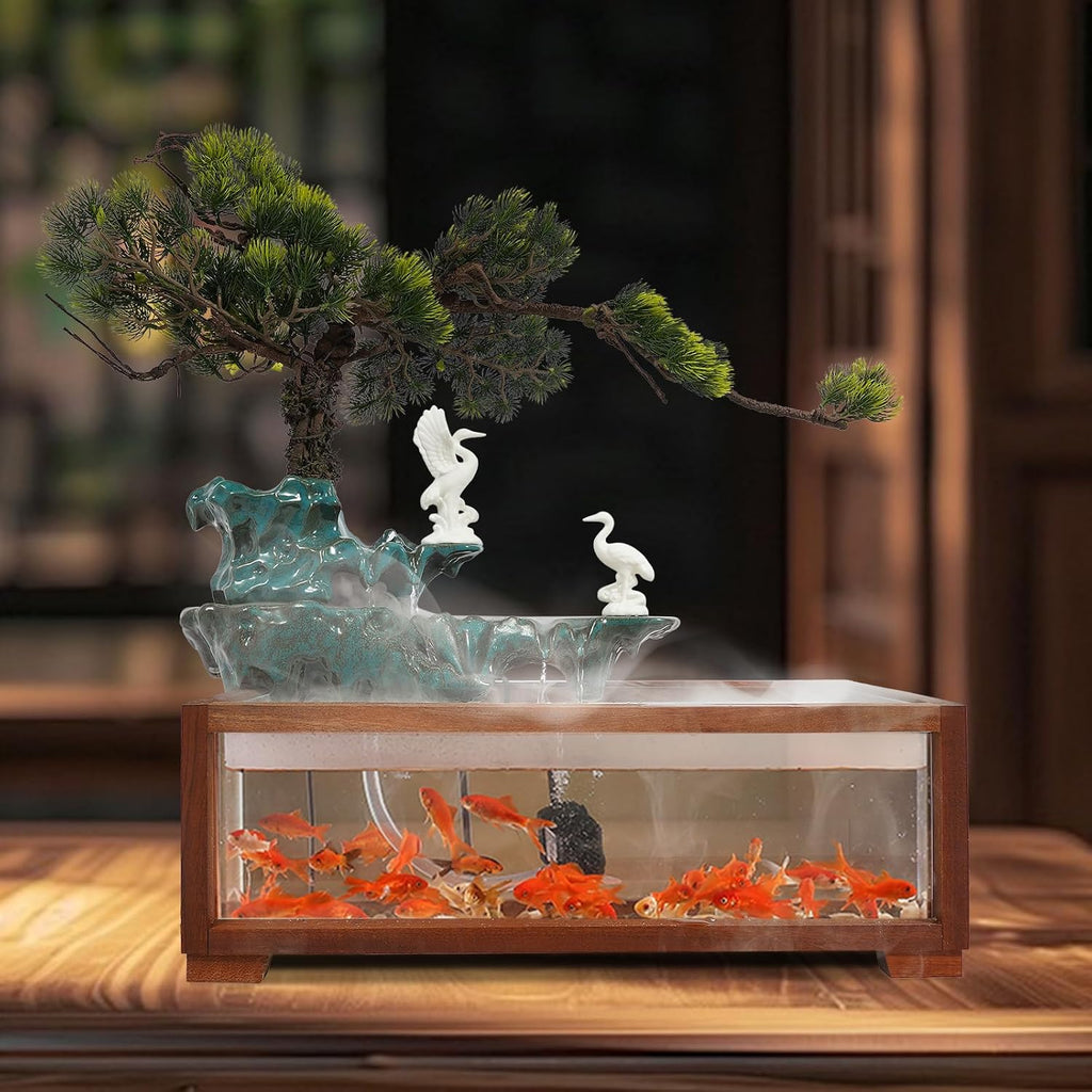 Tabletop Water Fountains Indoor-Rockery Humidifier with Led Light, Tabletop Fountains and Waterfalls Indoor with Fish Tank, Feng Shui Office Home Decor for Good Luck Wealth, Meditation