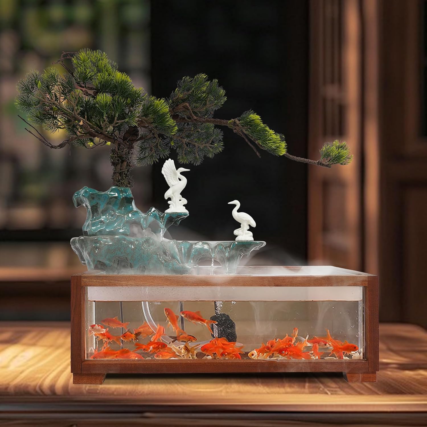 Tabletop Water Fountains Indoor-Rockery Humidifier with Led Light, Tabletop Fountains and Waterfalls Indoor with Fish Tank, Feng Shui Office Home Decor for Good Luck Wealth, Meditation