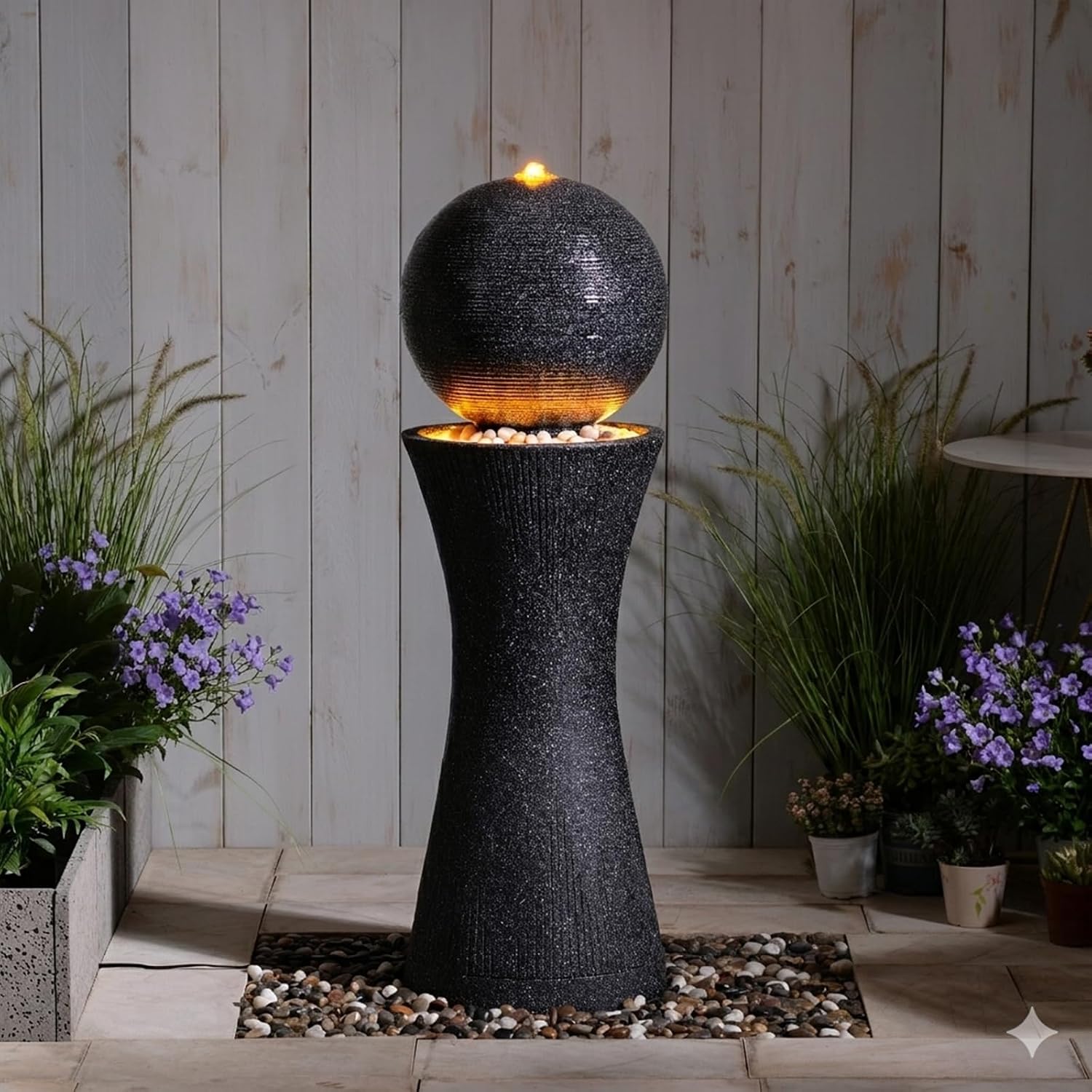 41.73' Tall Sphere Outdoor Water Fountain with LED Light, Modern Black Polyresin Sphere Floor Fountain Outdoor Water Feature with Curved Pedestal for Garden, Patio, Backyard, Porch and Home Art Decor