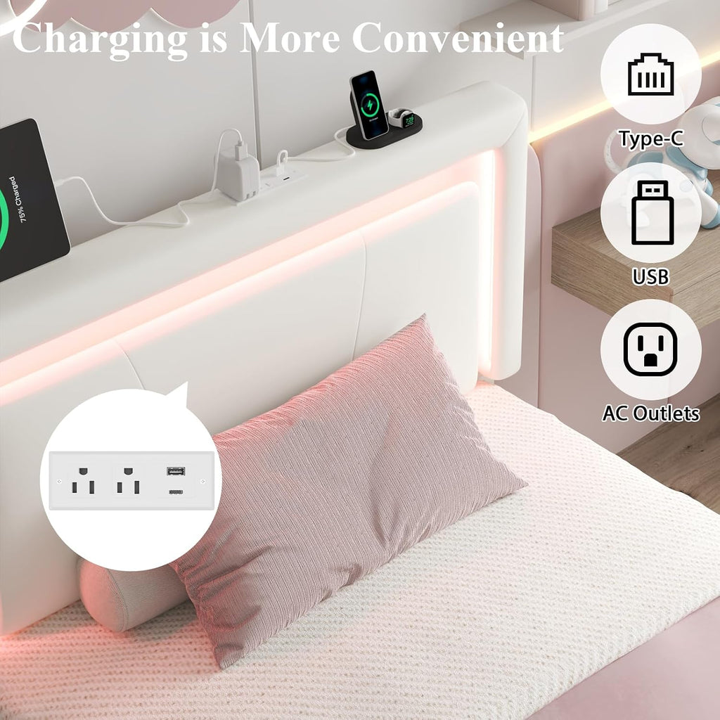 LoVinson Twin Size Bed Frame with 4 Storage Drawers, Charging Station and LED Light, Adjustable Upholstered Headboard, Noise-Free, No Box Spring Needed, Easy Assembly, White