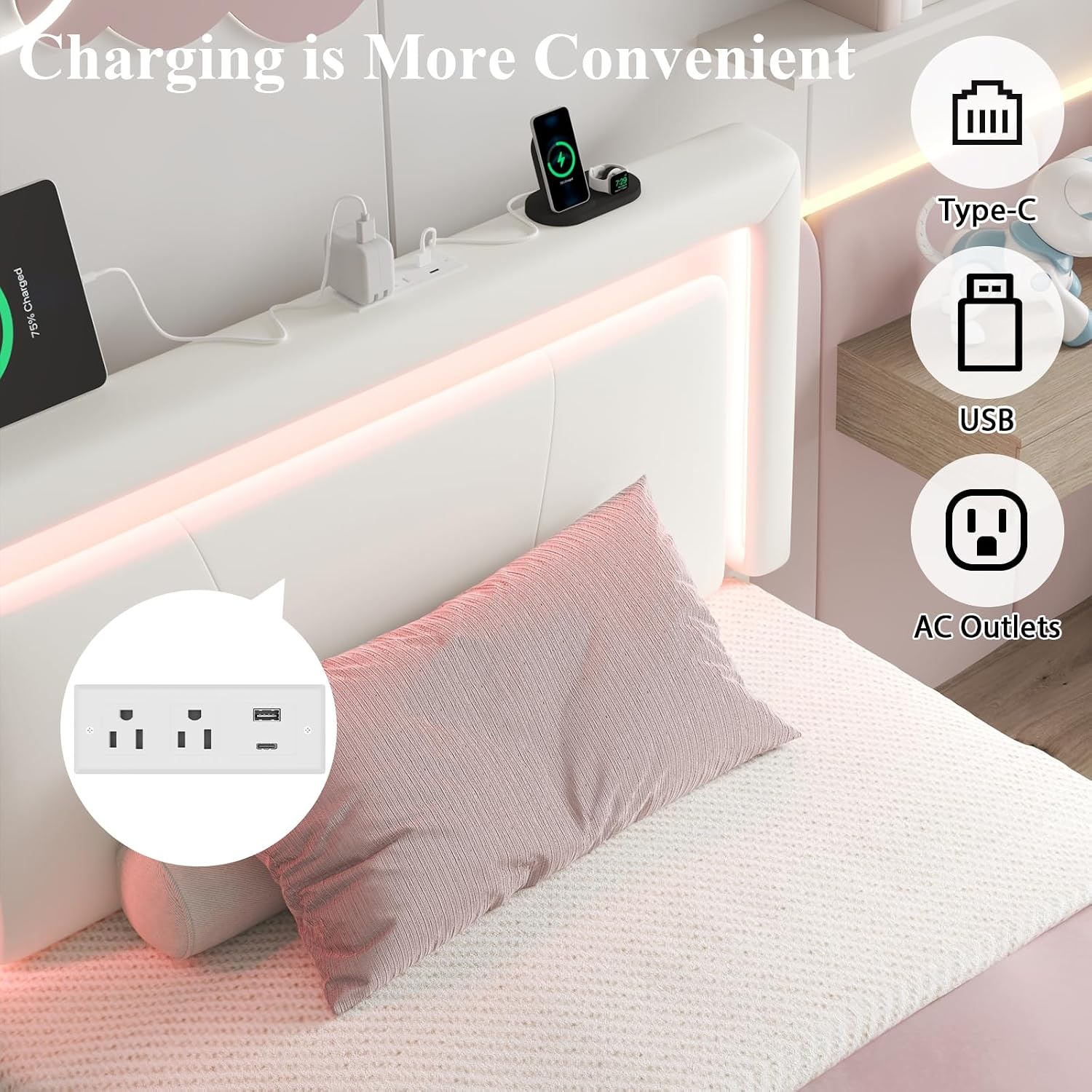 LoVinson Twin Size Bed Frame with 4 Storage Drawers, Charging Station and LED Light, Adjustable Upholstered Headboard, Noise-Free, No Box Spring Needed, Easy Assembly, White
