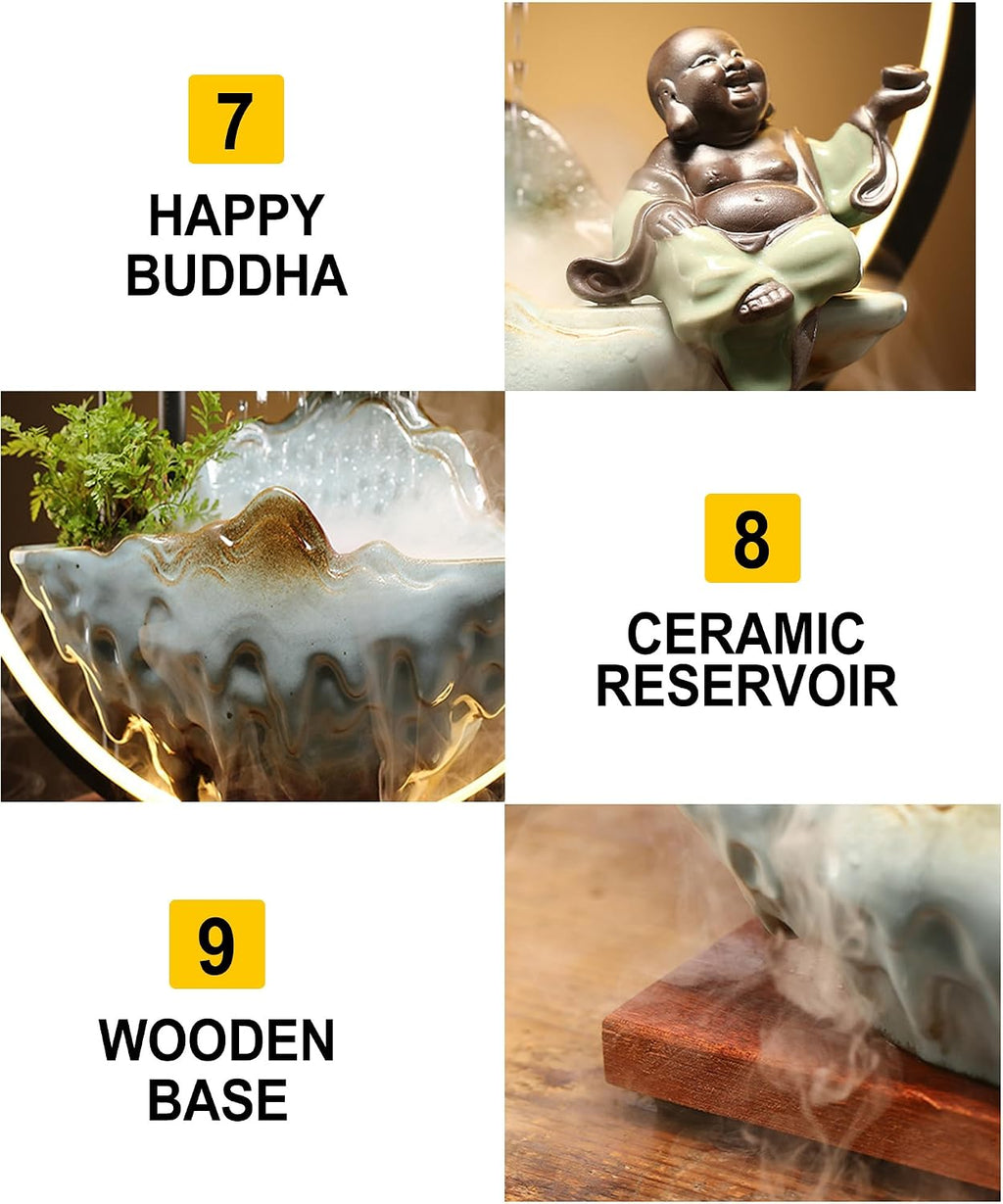 Tabletop Buddha Fountains Indoor Buddha Tabletop Water Fountains with Waterfall Lights Mist Backflow Incense Holder Meditation Indoor Zen Fountain for Home Office Room Decor (2 Buddha Statues)