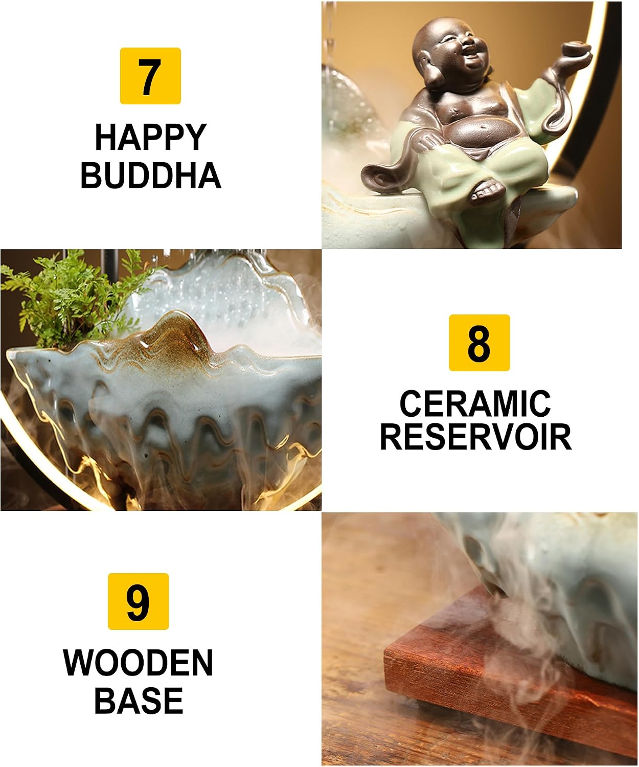 Tabletop Buddha Fountains Indoor Buddha Tabletop Water Fountains with Waterfall Lights Mist Backflow Incense Holder Meditation Indoor Zen Fountain for Home Office Room Decor (2 Buddha Statues)