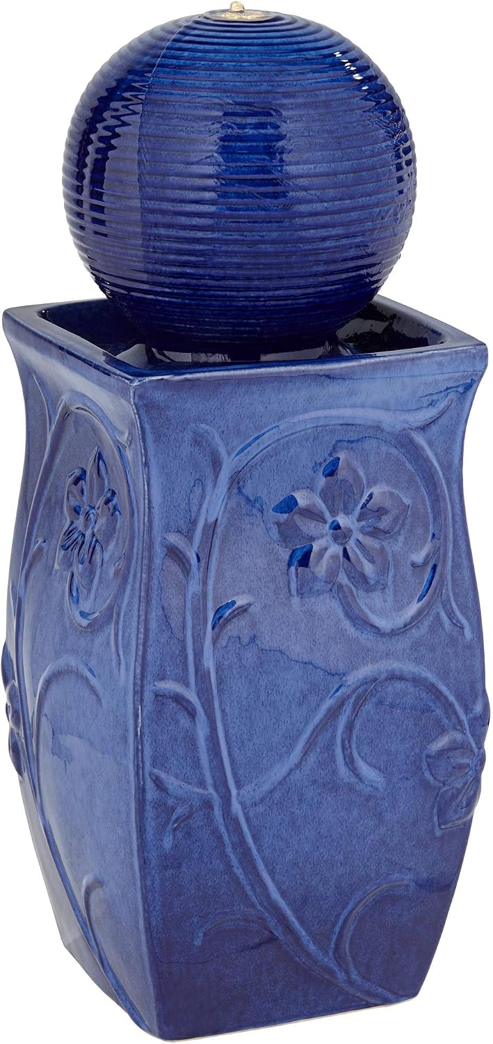 Periwinkle 29 1/4' High Large Zen Outdoor Cottage Core Decor Blue Ceramic Floor Fountain with Light LED Ball Standing Sphere Bubbler Water Feature for Outside Garden Patio Yard - John Timberland