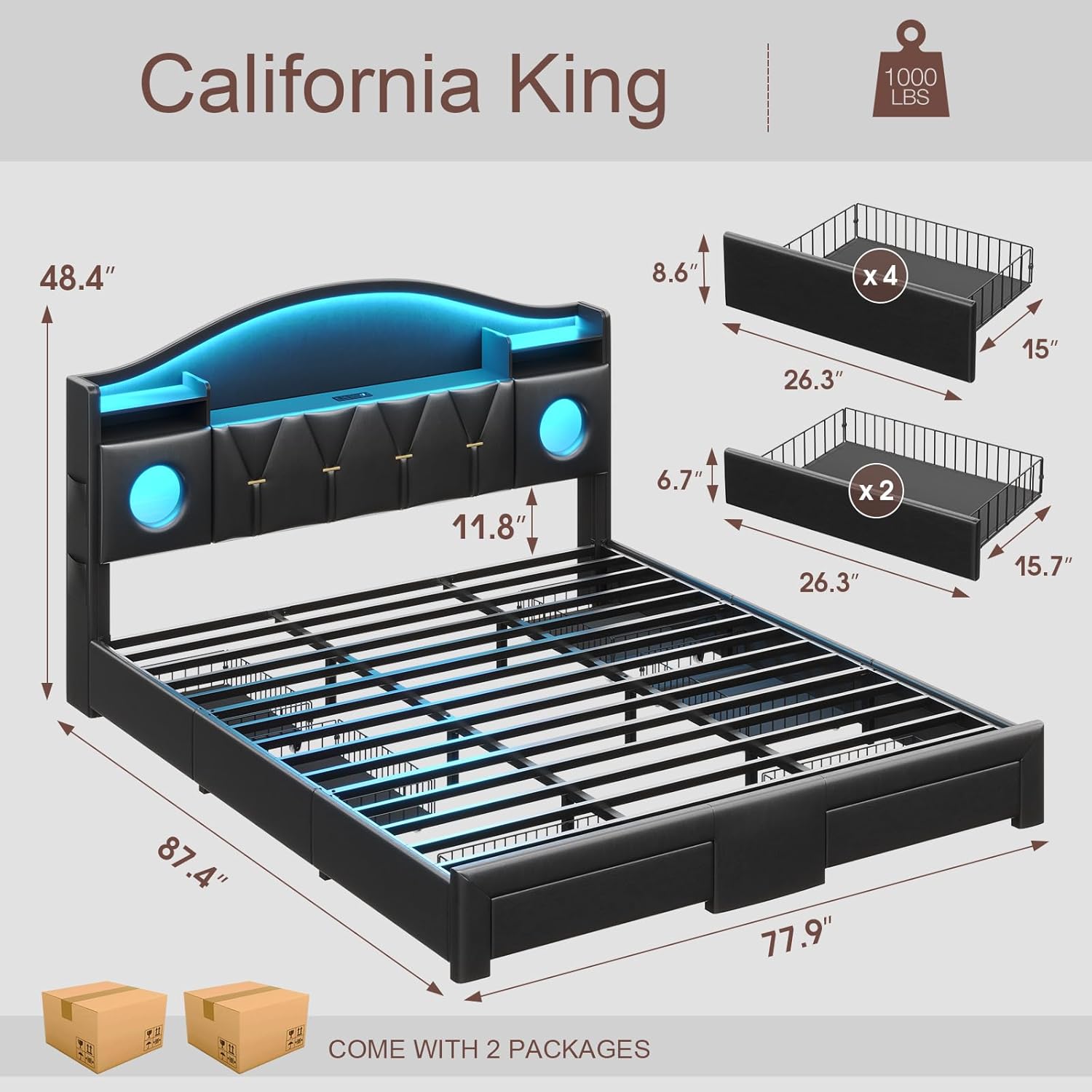 California King Bed Frame with 6 Storage Drawers, Platform Cal King Bed Frame with Headboard, LED Lights&Charging Station, Noise-Free, No Box Spring Needed, Easy Assembly, PU Black
