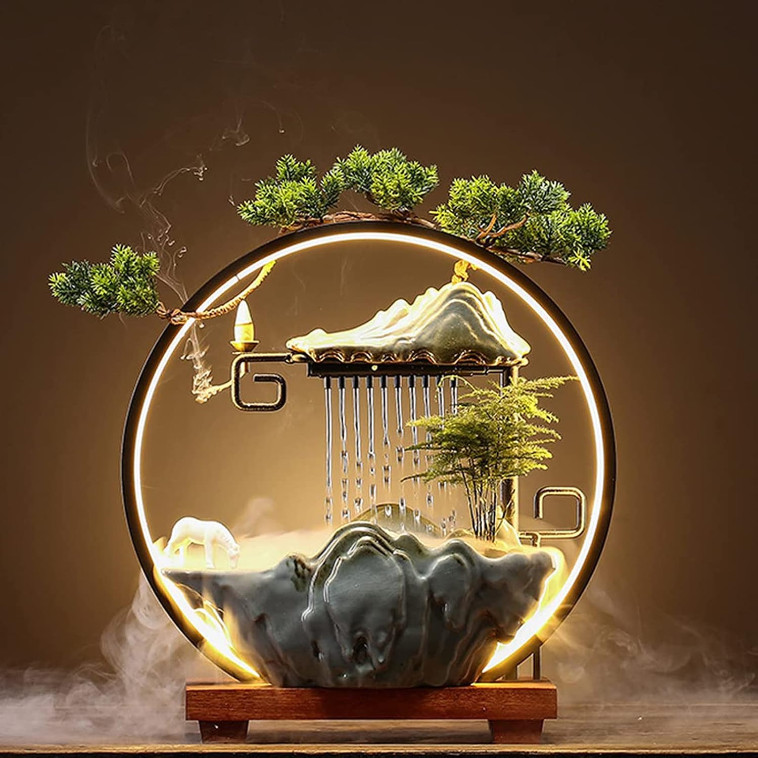 Tabletop Water Fountains - Indoor Waterfall with Mist LED - Japanese Indoor Water Fountains for Meditation - Includes Backflow Incense and Fake Plants - Feng Shui Decor for Good Luck and Wealth