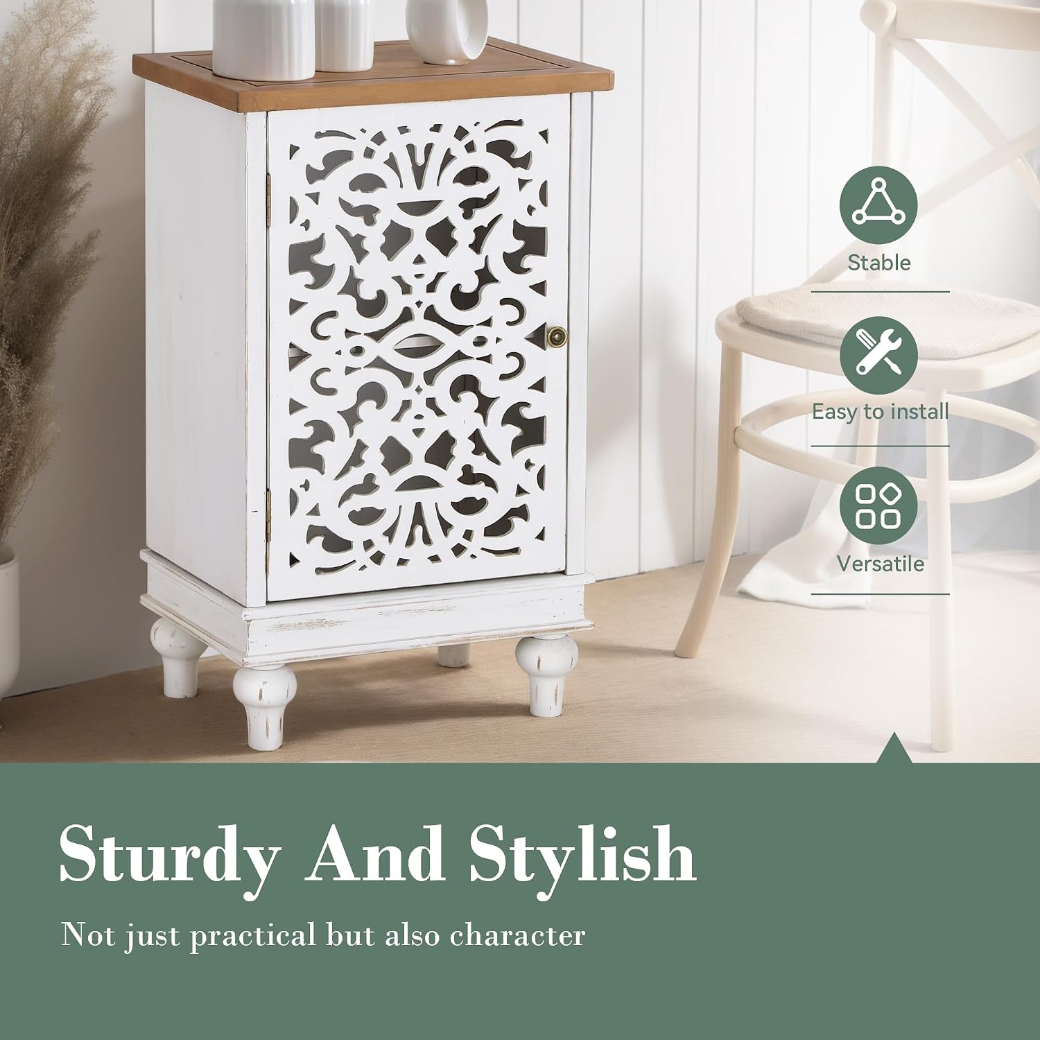 Sophia & William Accent Cabinet Small with Single Door, 31.5' Tall Side End Table, Distressed Nightstand with Wooden Frame and Hollow Carved Door, White
