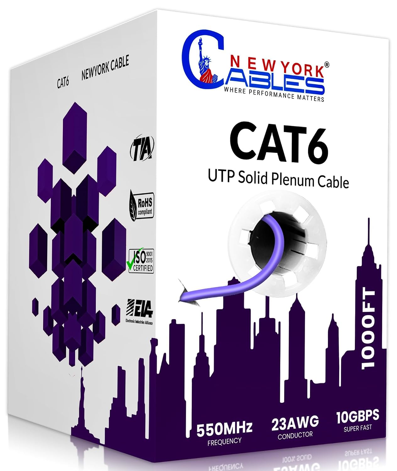NewYork Cables | CAT6 Plenum Cable 1000ft | UTP, 550MHz, 23AWG, 4Pair 10GB | Most Certified CMP-Rated Fire-Resistant Bulk Cat 6 Ethernet Cable for Networking & Gaming (1000ft, Solid Conductor, Purple)