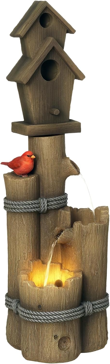Outsunny Outdoor Fountain with Birdhouse, Cascading Garden Waterfall Bird Bath with 3-Tier Rustic Tree Trunk/Log Design, LED Lights for Porch, Deck, Yard Decor, Brown