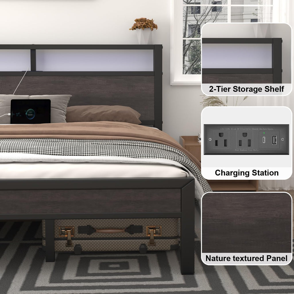 LoVinson King Size Bed Frame with Charging Station and LED Light, Metal Platform Bed with Storage Headboard, Noise Free, No Box Spring Needed, Easy Assembly, Grey