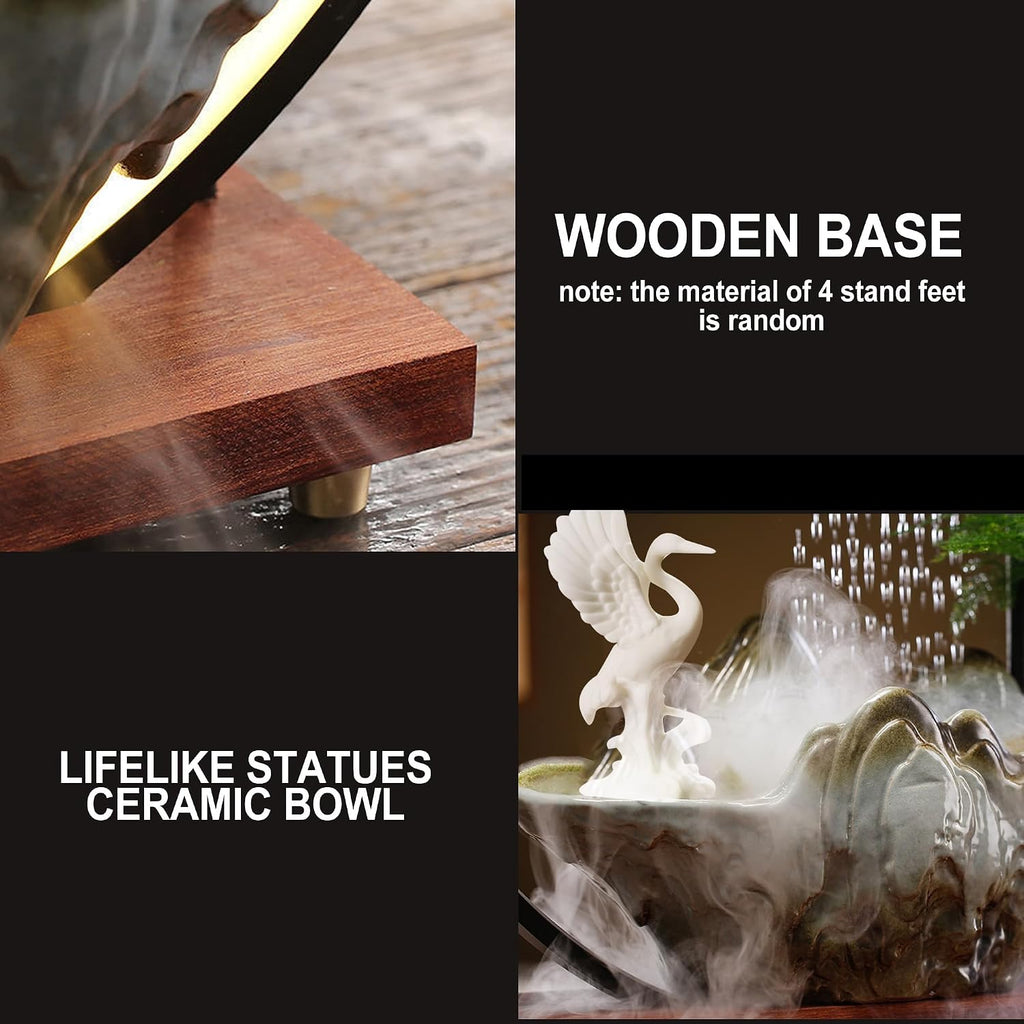Crane Tabletop Fountain Indoor Waterfall Fountain Office Tabletop Water Fountain with Lights Backflow Incense Burner Ceramic Indoor Zen Decor for Home Office Yoga Meditation (Crane)