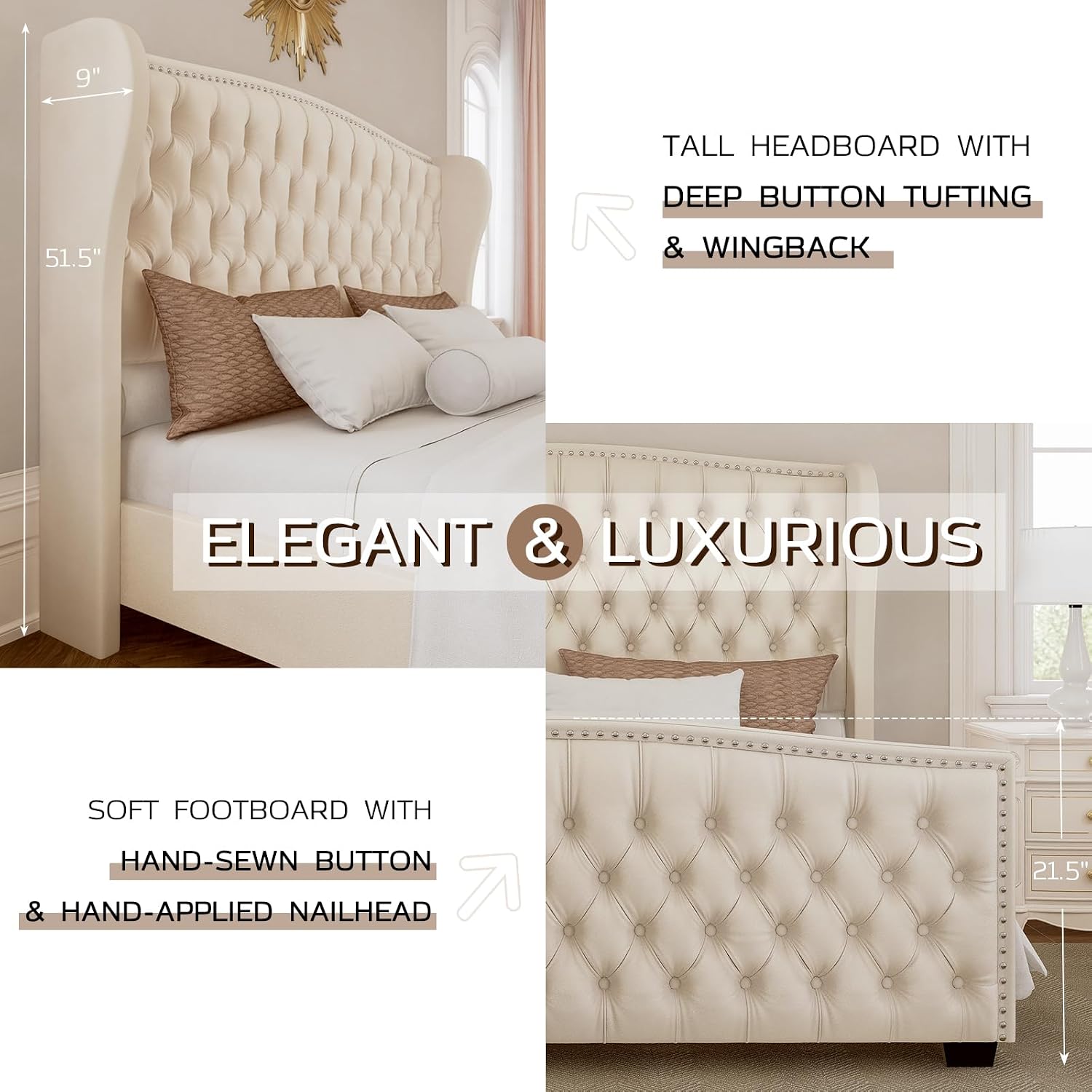 LUXOAK Queen Platform Bed Frame with Wingback Headboard, Velvet Upholstered Bed Frame with Handmade Button Tufted & Nailhead, Wooden Slats Support, Cream