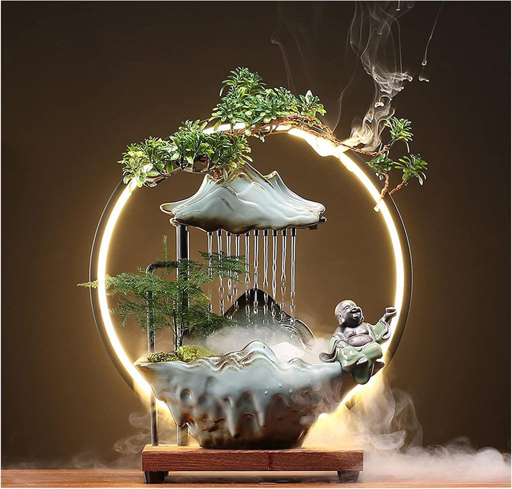 Tabletop Buddha Water Fountains Indoor Water Fall with LED Light Zen Decor for Meditation with Mist Japanese Decor with Fake Plants Feng Shui Decoration for Good Luck Wealth