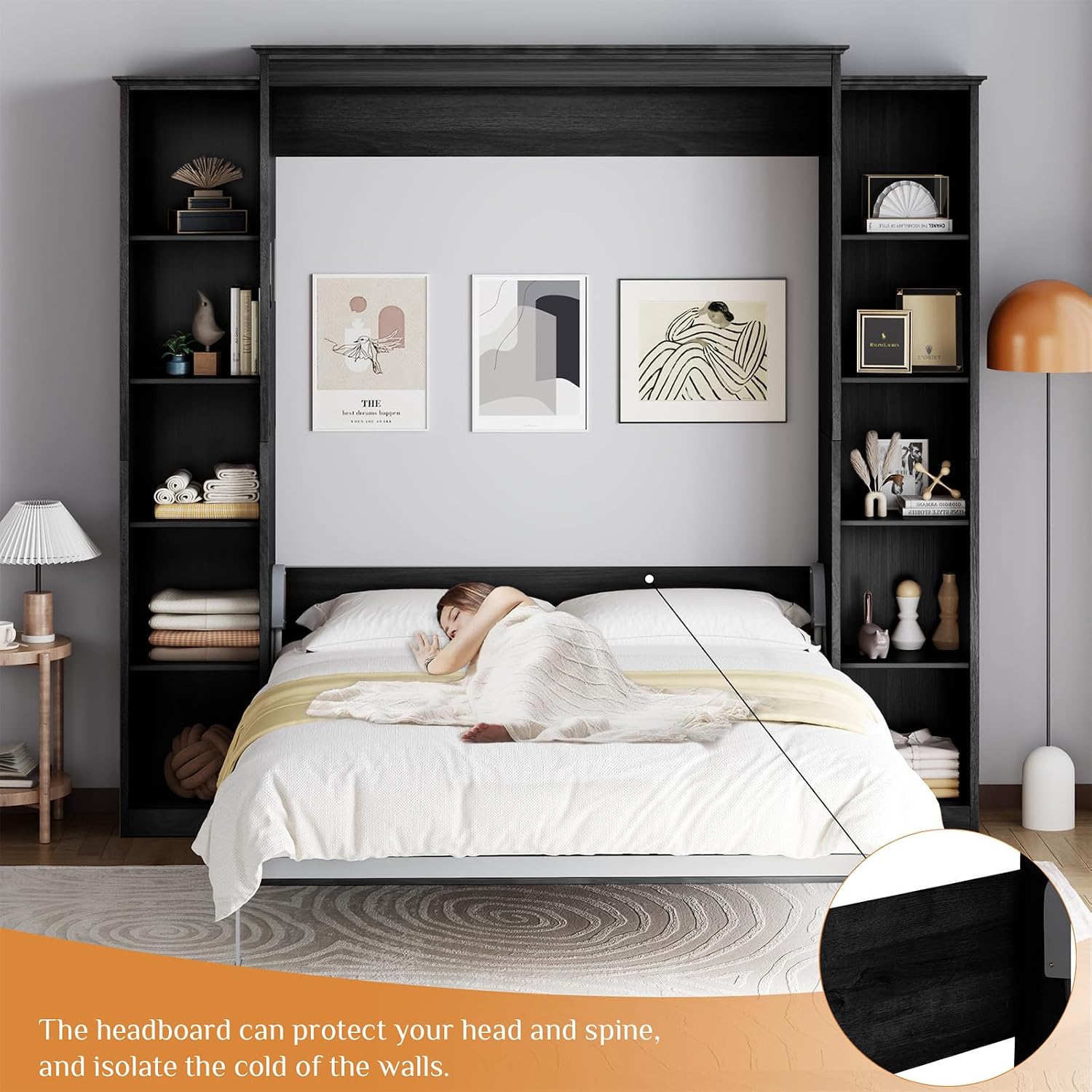 Rophefx Queen Murphy Bed Cabinet with 5-Tier Adjustable Storage Shelves, Wood Queen Wall Bed Cabinet Bed Frame, Space Saving Beds, Hidden Bedframe, Foldable Platform Beds for Guest Room, Black Gray