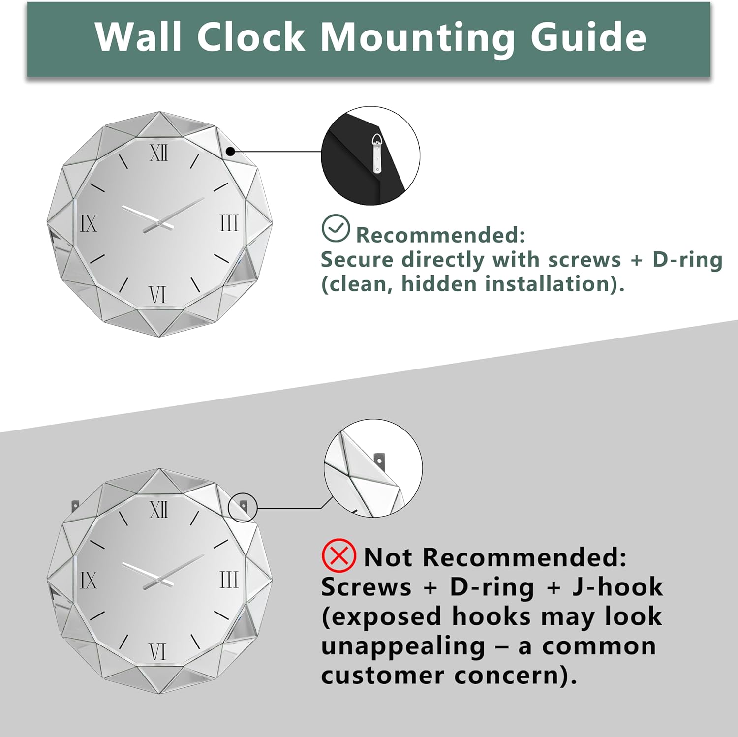 SHYFOY Decorative Wall Clock, 24 inch Mirrored Large Clock for Wall Decorative, Silver Modern Clock Silent Movement Glass Clocks for Living Room Decor
