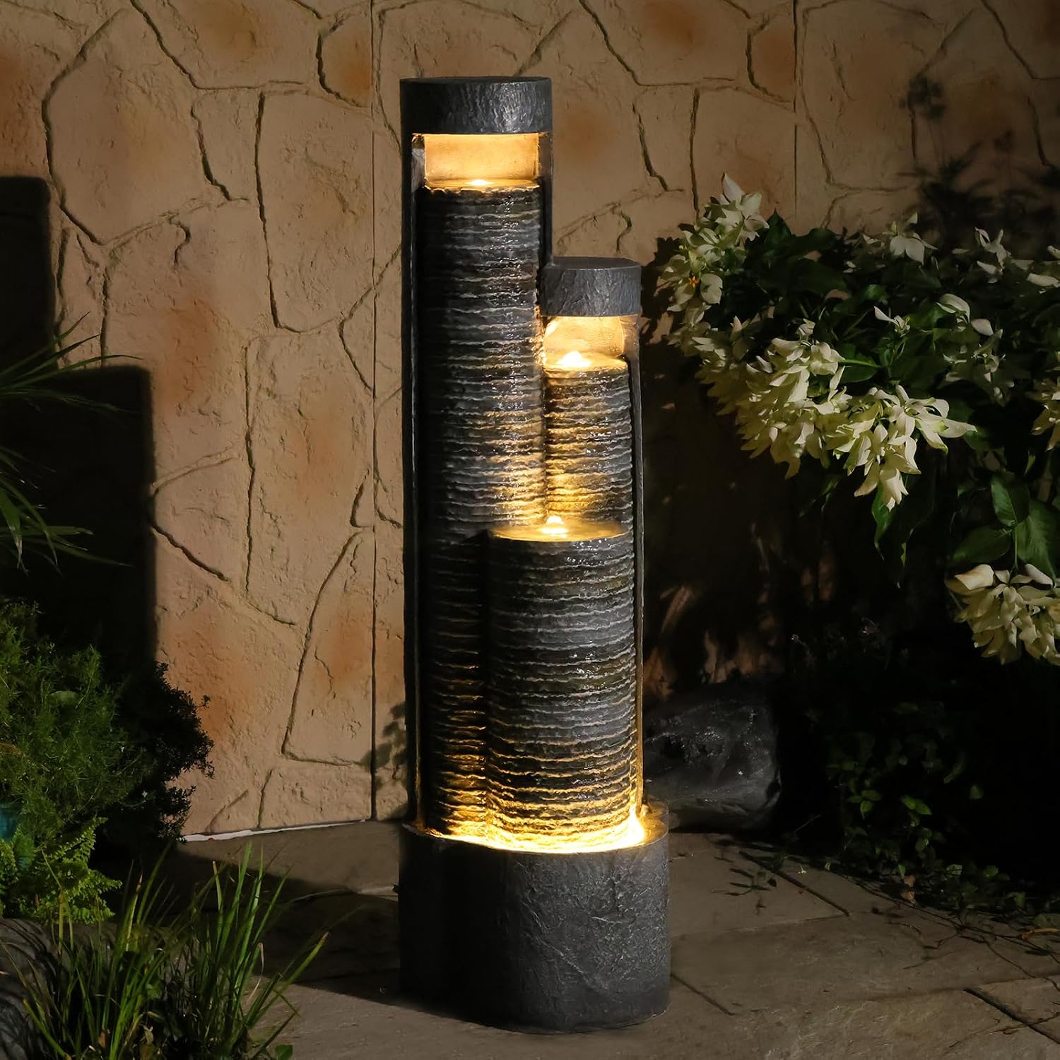 39.76' Tall Indoor Outdoor Water Fountain Modern Water Feature Stone-Textured Cascading Floor-Standing Fountains with Led Lights for Garden, Patio, Balcony, Yard, Office Home Art Decor