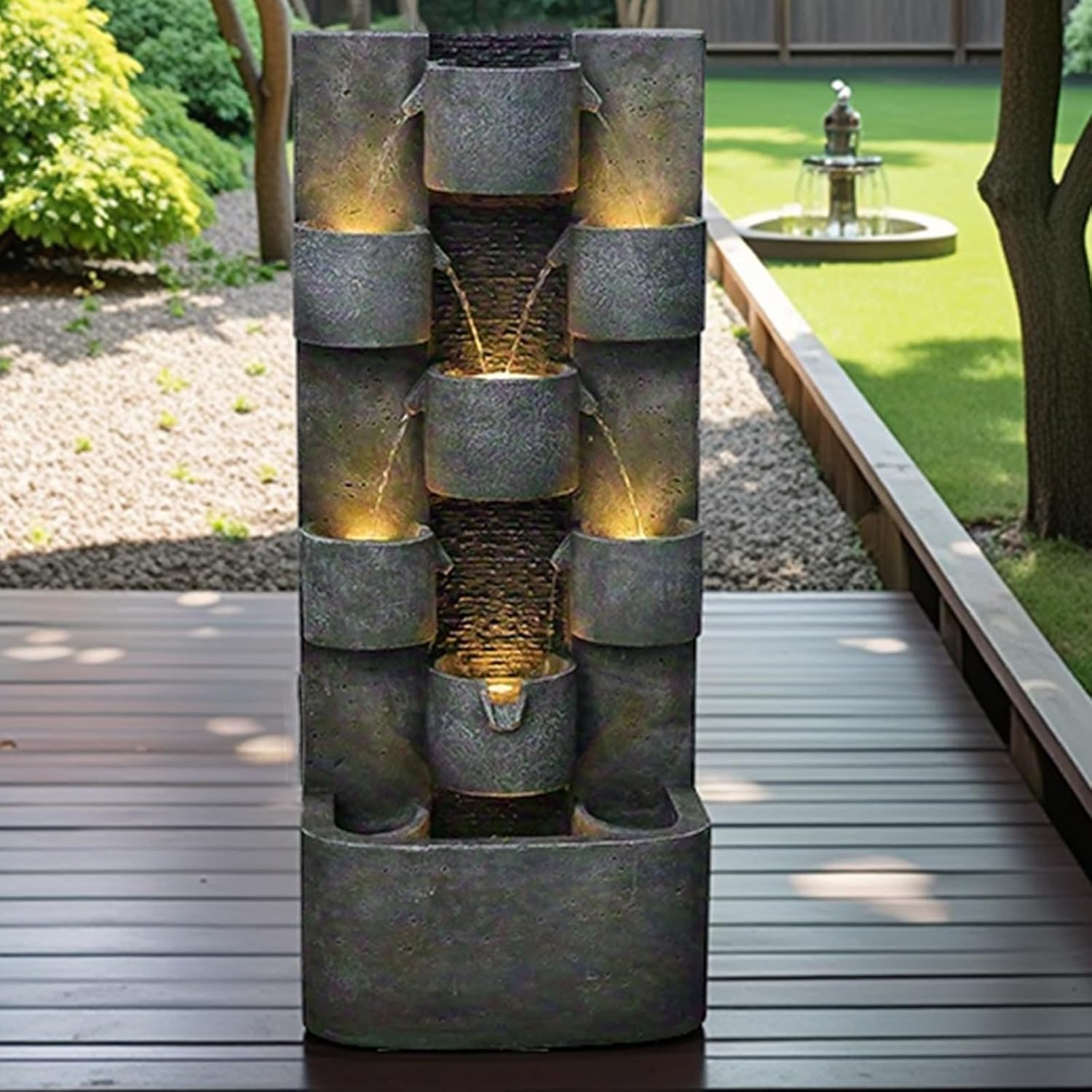 Tankana 45' H Outdoor Water Fountain Garden - Large Cascading Waterfall Freestanding Fountains Water Feature with Lights for Patio Backyard Deck Porch and Home Decor, Concrete Artistry Style, Gray