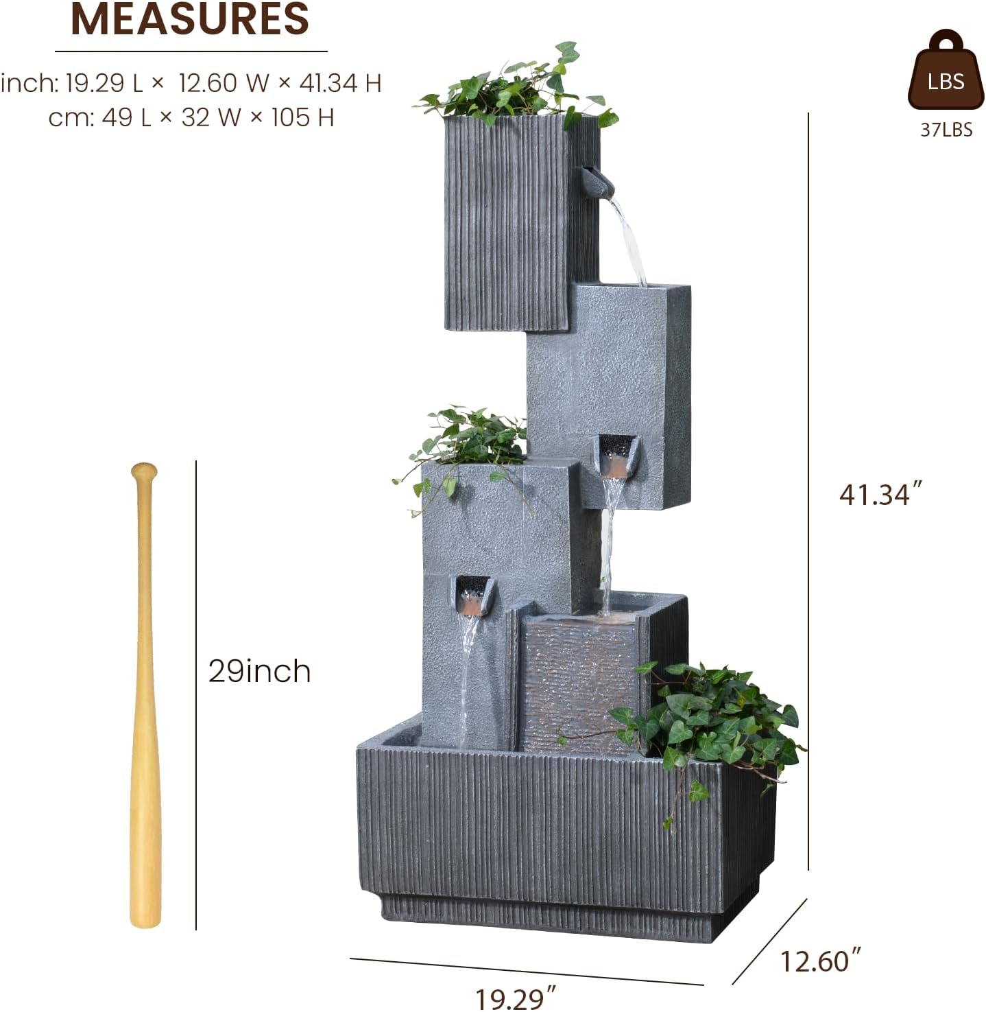 Tankana 42' H Outdoor Water Fountain Garden Waterfalls - Large Water Feature Geometric Stacking Waterfall Fountains Planter with Lights for Patio Backyard Deck Porch Deck and Home Decor, Gray