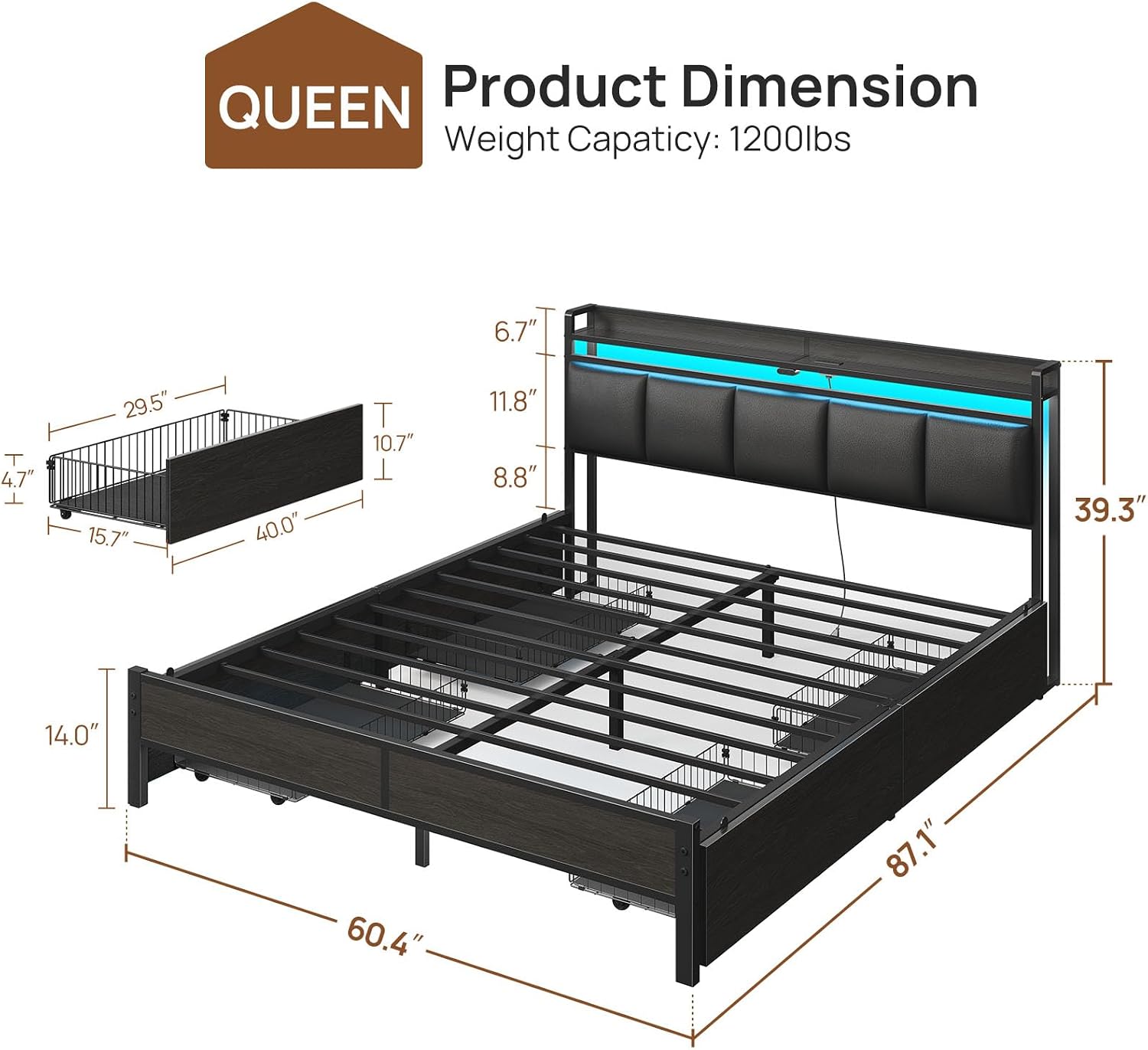 Rolanstar Bed Frame Queen Size with Charging Station and LED Lights, Upholstered Storage Headboard with Drawers, Heavy Duty Metal Slats, No Box Spring Needed, Easy Assembly, Black