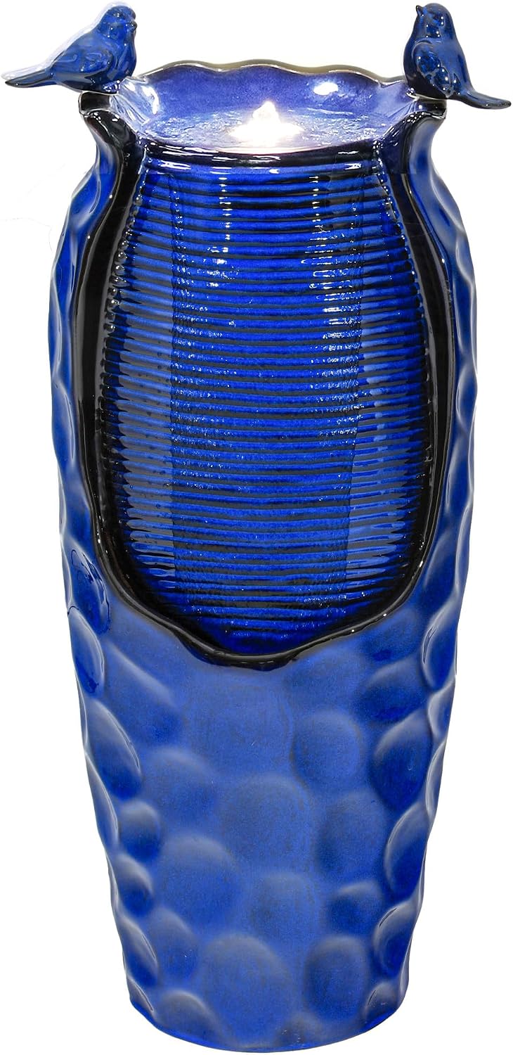 33' H Ceramic Jar Outdoor Water Fountain, Cobalt Blue Water Feature with Hammered Texture & Birds, Soothing Cascading Waterfall for Outside Garden Patio Yard Porch Decor, Mom Gift
