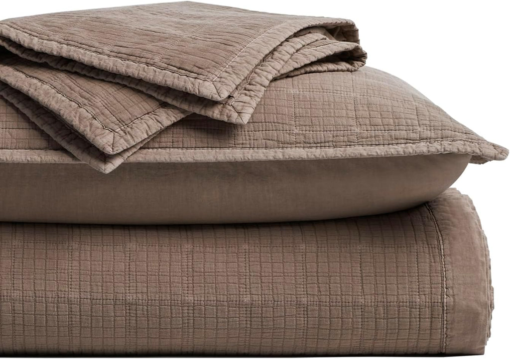 EVERGRACEHOME Stonewashed Cotton Quilt Set King Size, Ultra Soft Oversized Bedspread Coverlet Set, Lightweight Crinkle Box Stitch Bedding Sets for All Season, with 2 Shams, Mocha Brown