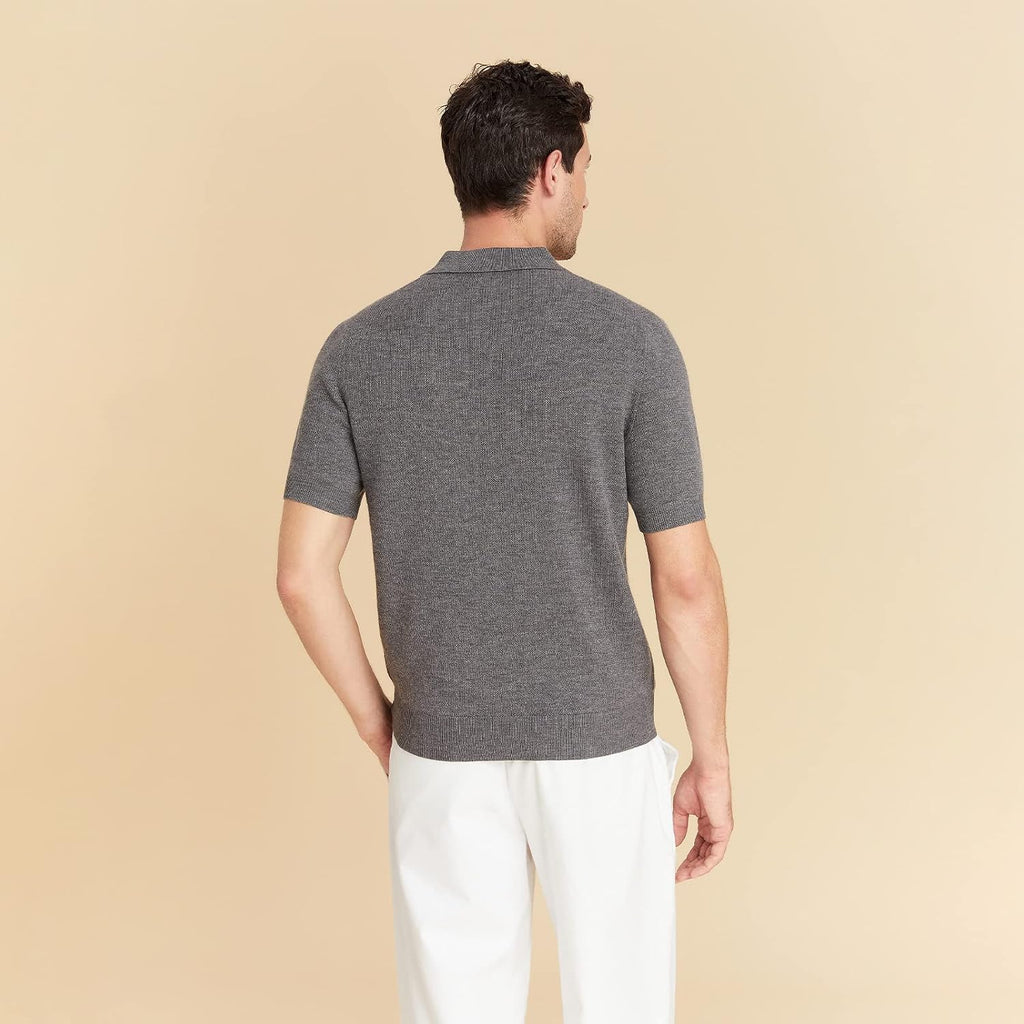 GreenMount Men's Merino Wool Polo Shirt Jacquard Short Sleeve Soft Light Weight