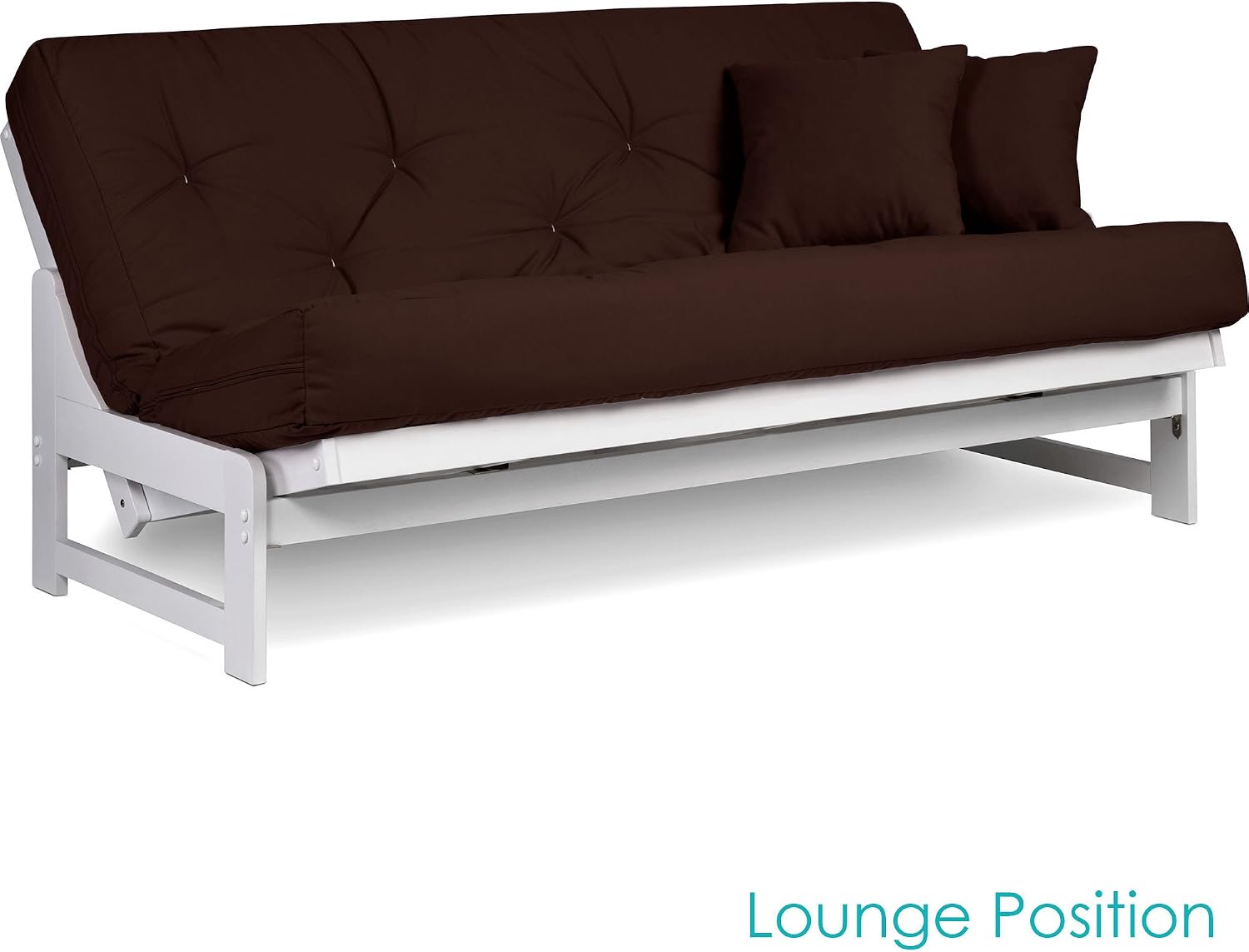 Nirvana Futons Arden White Futon Set Full or Queen Size - Armless Wood Futon Frame with Mattress (Microfiber Sussex Fudge), Space Saving Modern Sofa Bed Sleeper