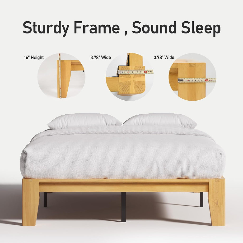 Lifezone Wood Queen Platform Bed Frame, Premium Solid Wood, Sturdy Structure, 3.78' Thickened & 14' Height Legs, Easily Assemble, Mortise & Tenon Joints Patterns, Natural
