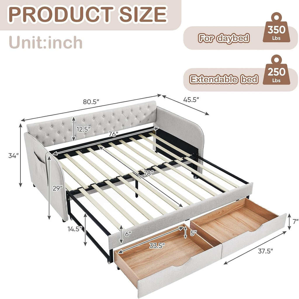 Antetek 80.5' Daybed with Drawer, Modern Button Tufted Linen Day Bed with Trundle Bed Twin to King, Upholstered Daybed Frame w/Storage Pocket for Bedroom, Living Room, No Box Spring Needed, Beige