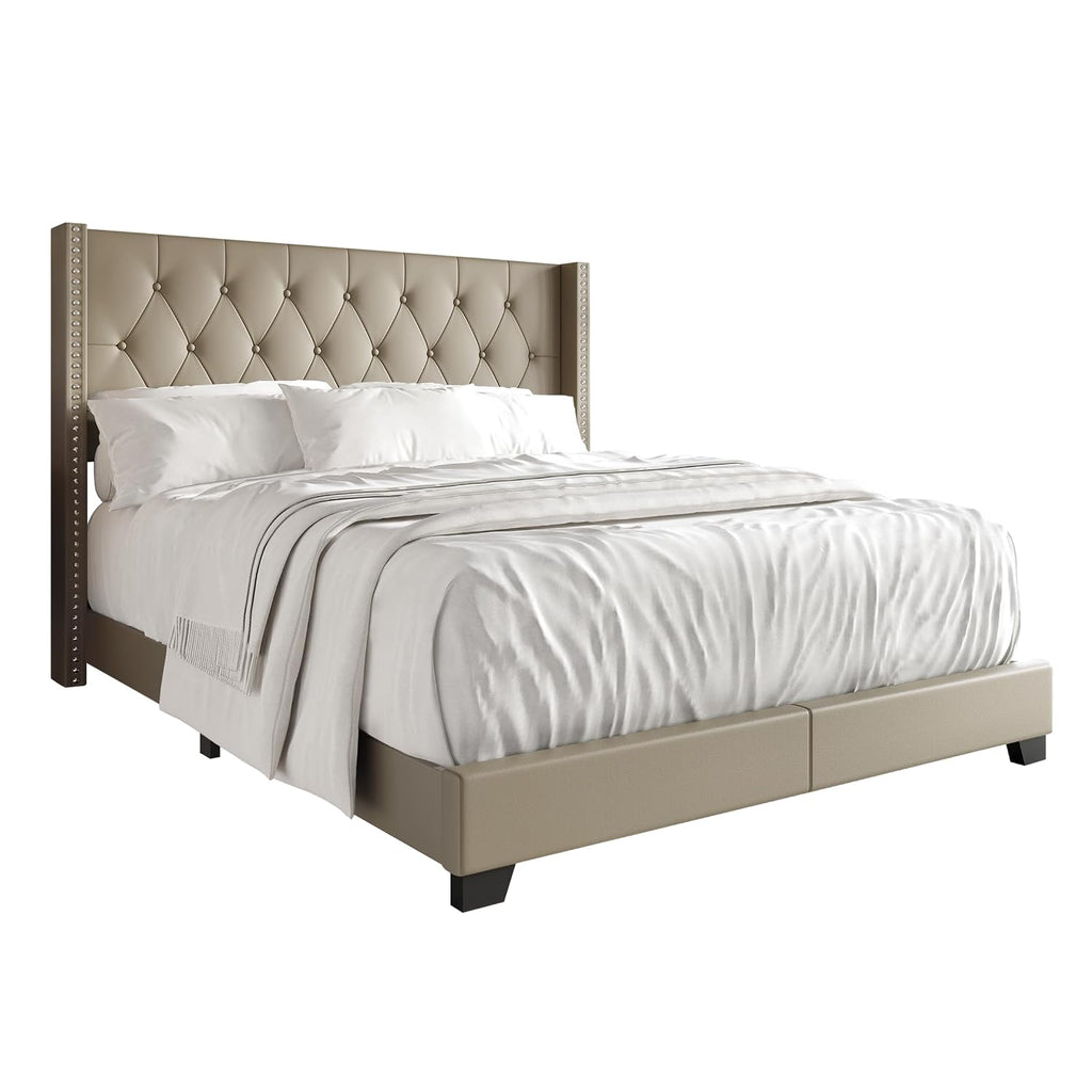 Queen Button Tufted Wingback Faux Leather Upholstered Bed, Gold